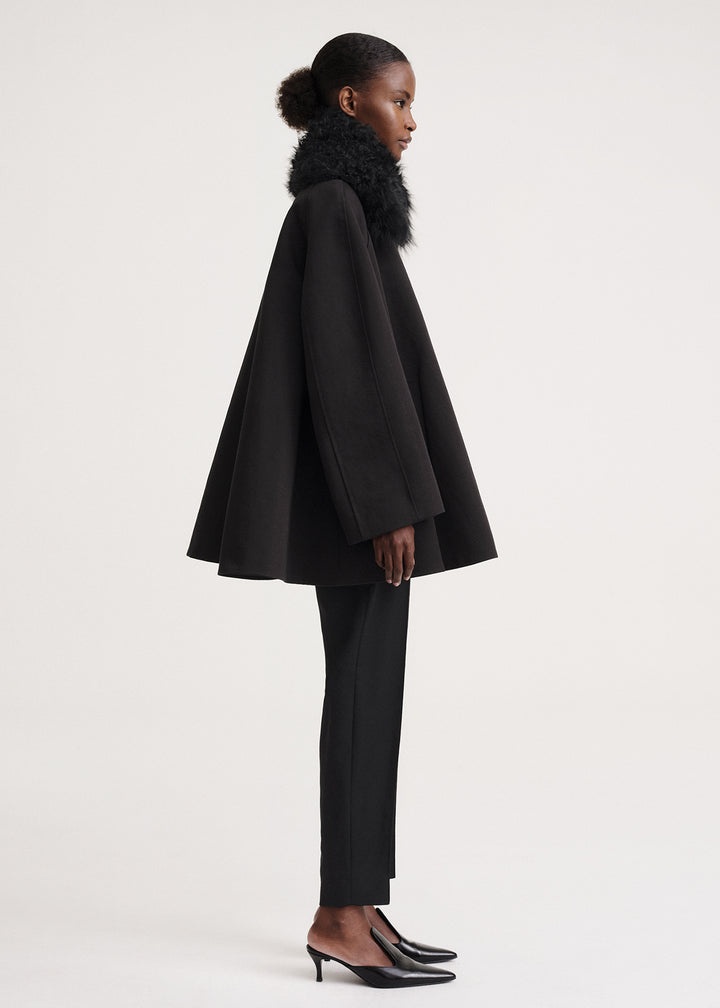 Shearling collar gabardine jacket black - 3
