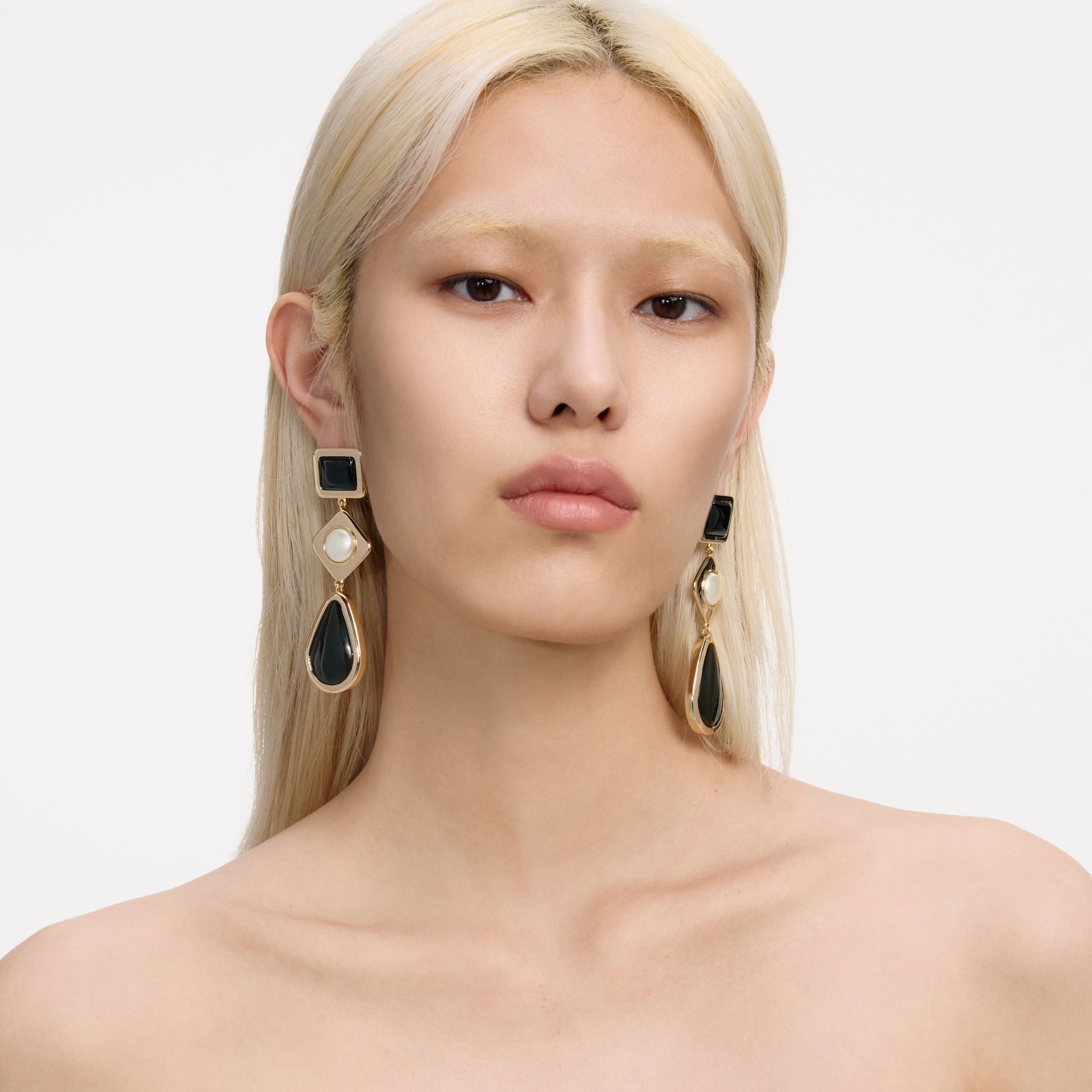 Black Enamel Gold Three Tiered Earrings - 4