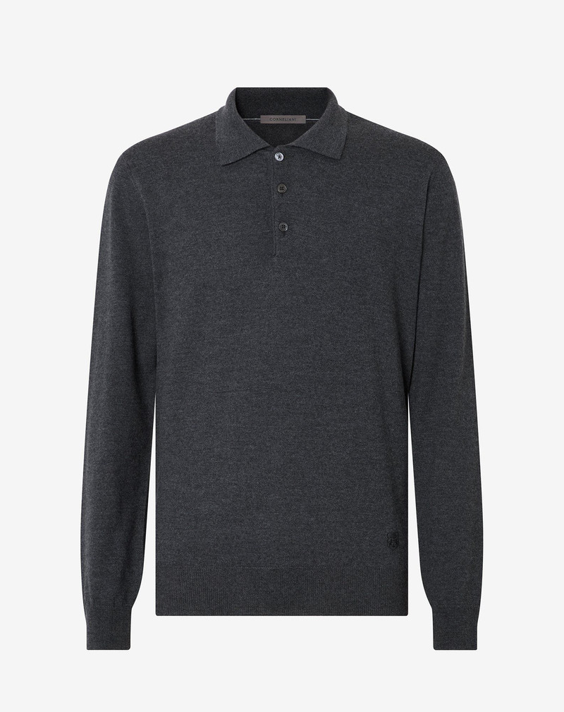 Anthracite grey button-up merino wool polo shirt 1