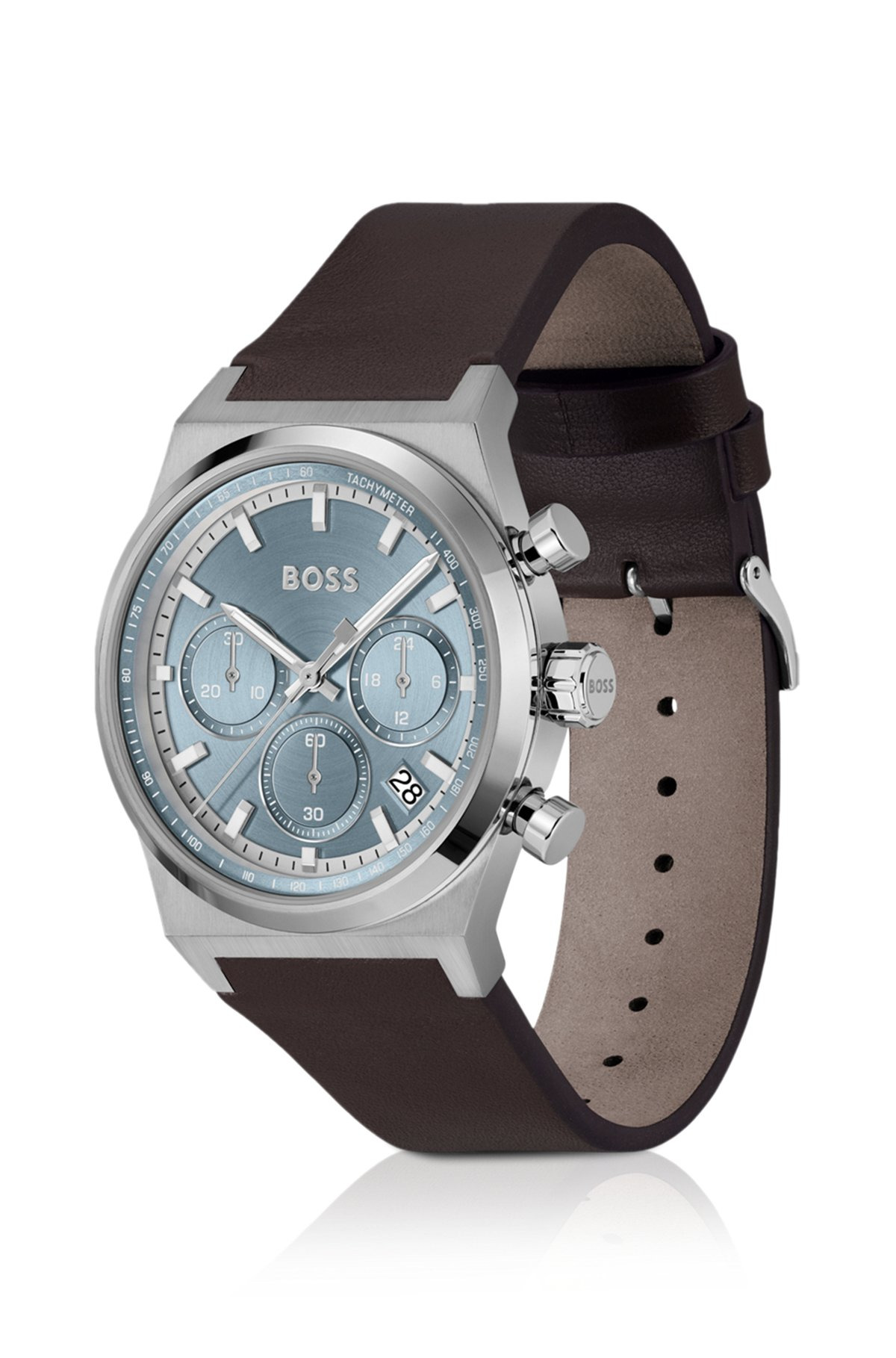 SILVER-TONE CHRONOGRAPH WATCH WITH BROWN LEATHER STRAP - 2