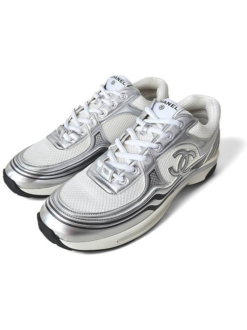 CHANEL Fabric Laminated Low Top Sneakers Silver outlook