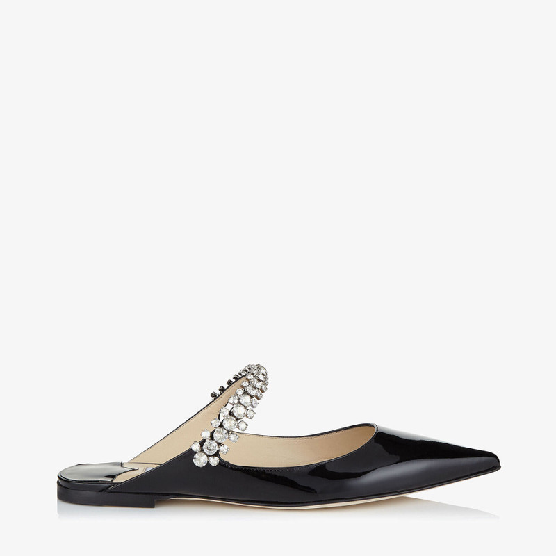 Bing Flat Black Patent Leather Mules with Crystal Strap - 1