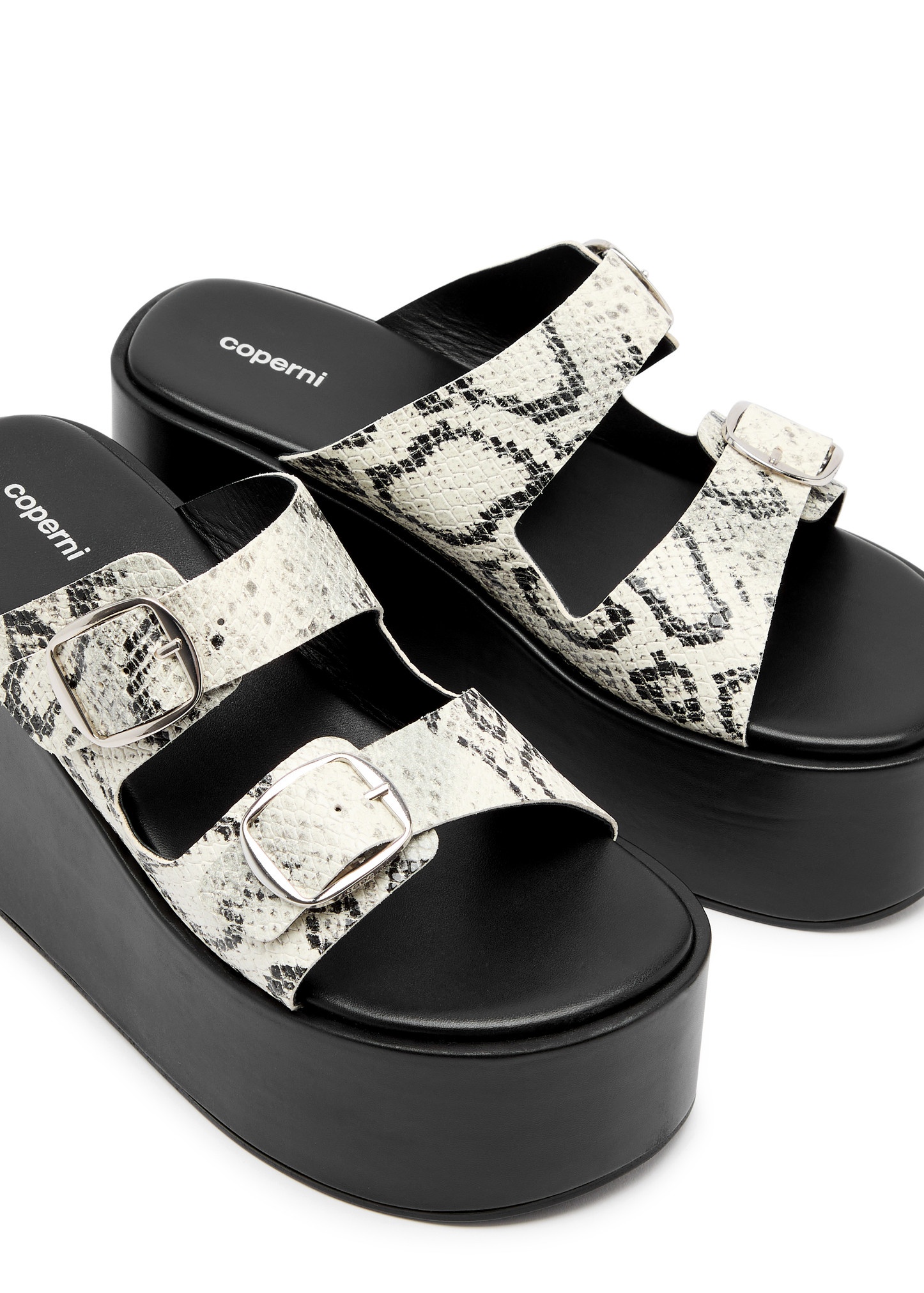 Python-effect leather platform wedge sliders - 3