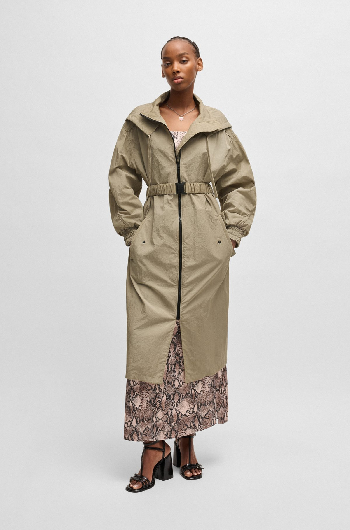 LONG-LENGTH BELTED PARKA JACKET IN SEERSUCKER FABRIC - 2