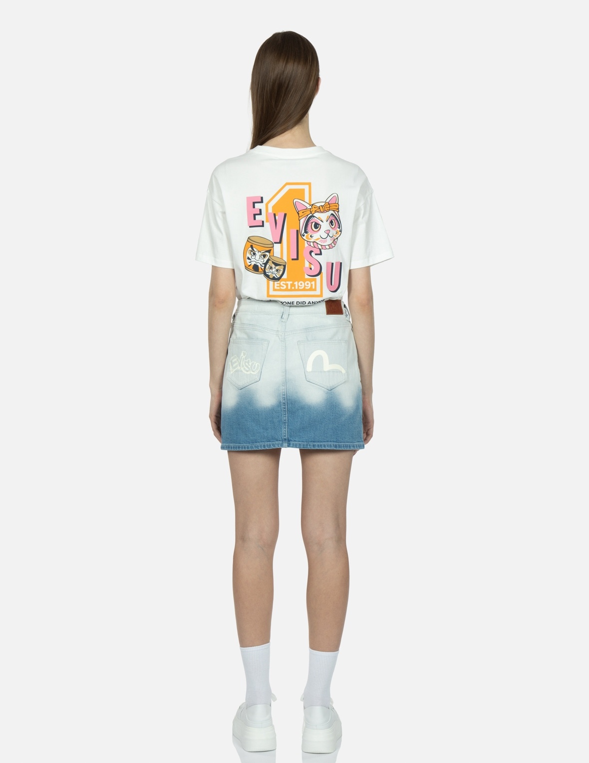 GRAFFITI LOGO AND SEAGULL PRINT BLEACHED DENIM SKIRT - 5