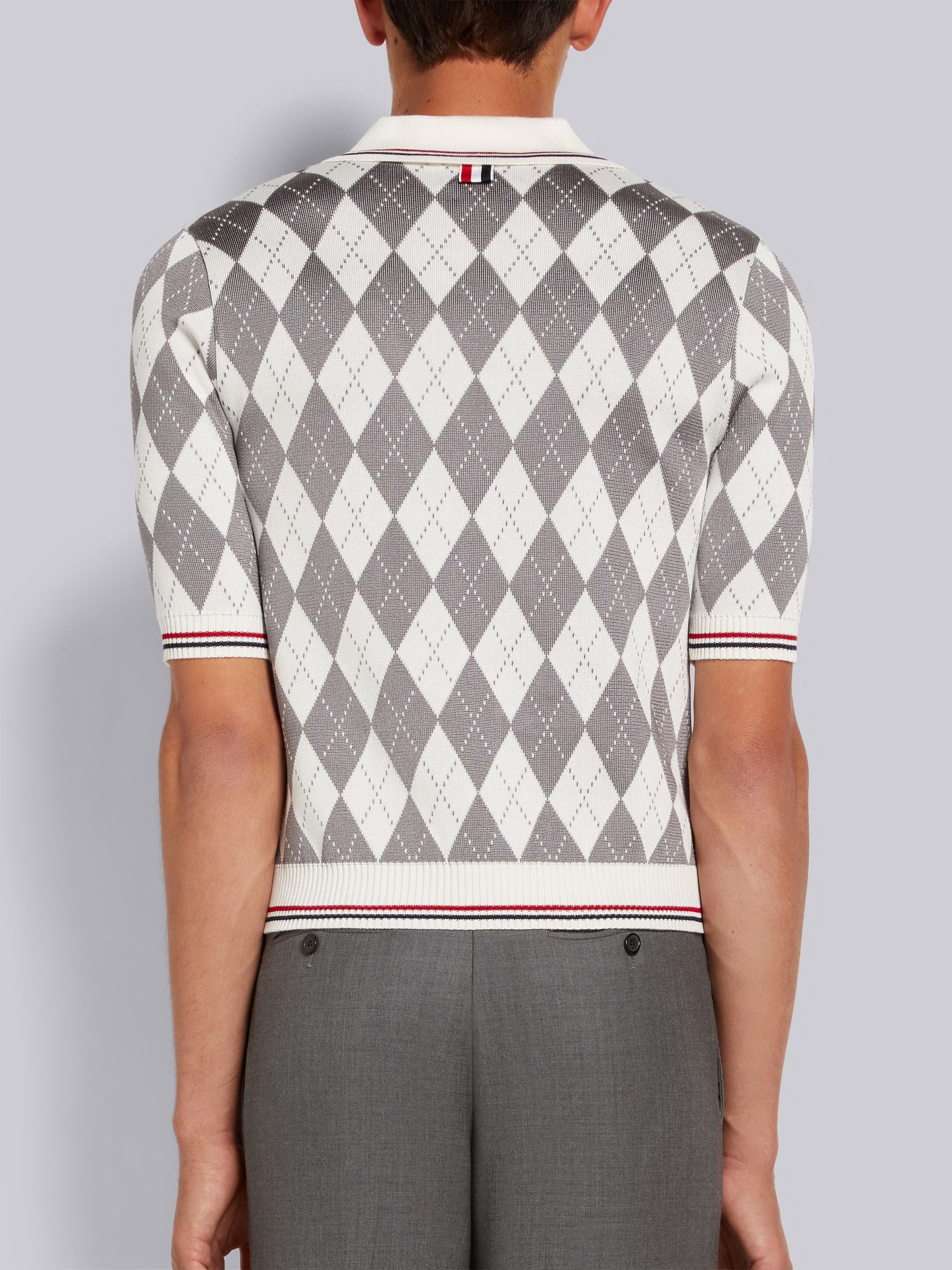 Light Grey Argyle Cotton Silk Stripe Tipping Polo - 3