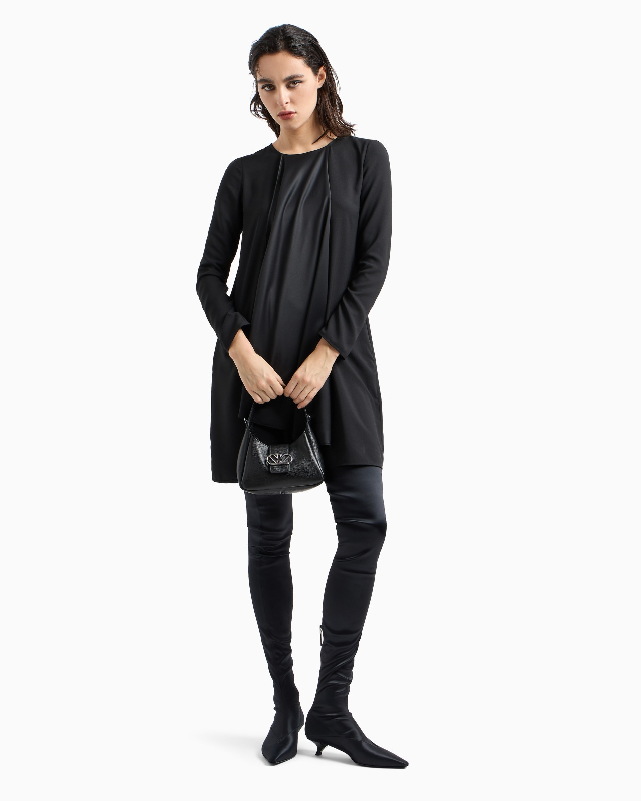 Satin crêpe tunic dress with oversized ruffle - 4