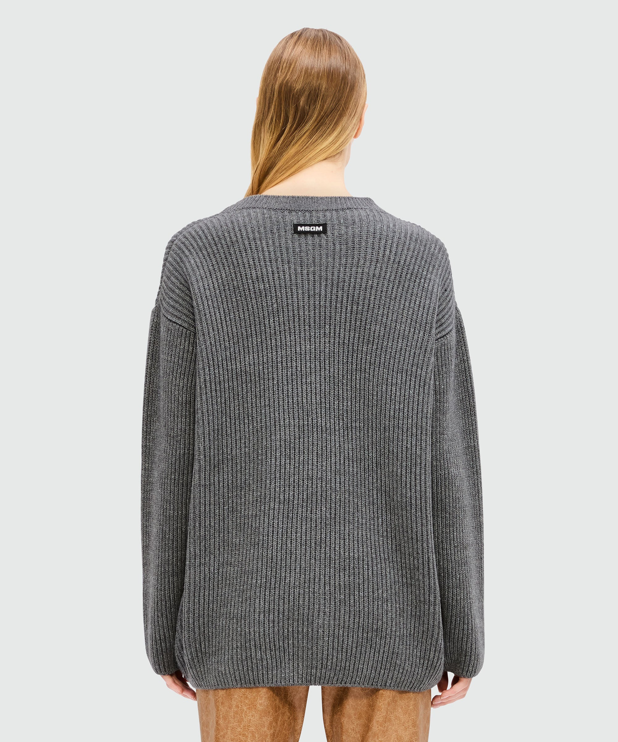 Grey melange ribbed knit cardigan with colorblock detail - 3