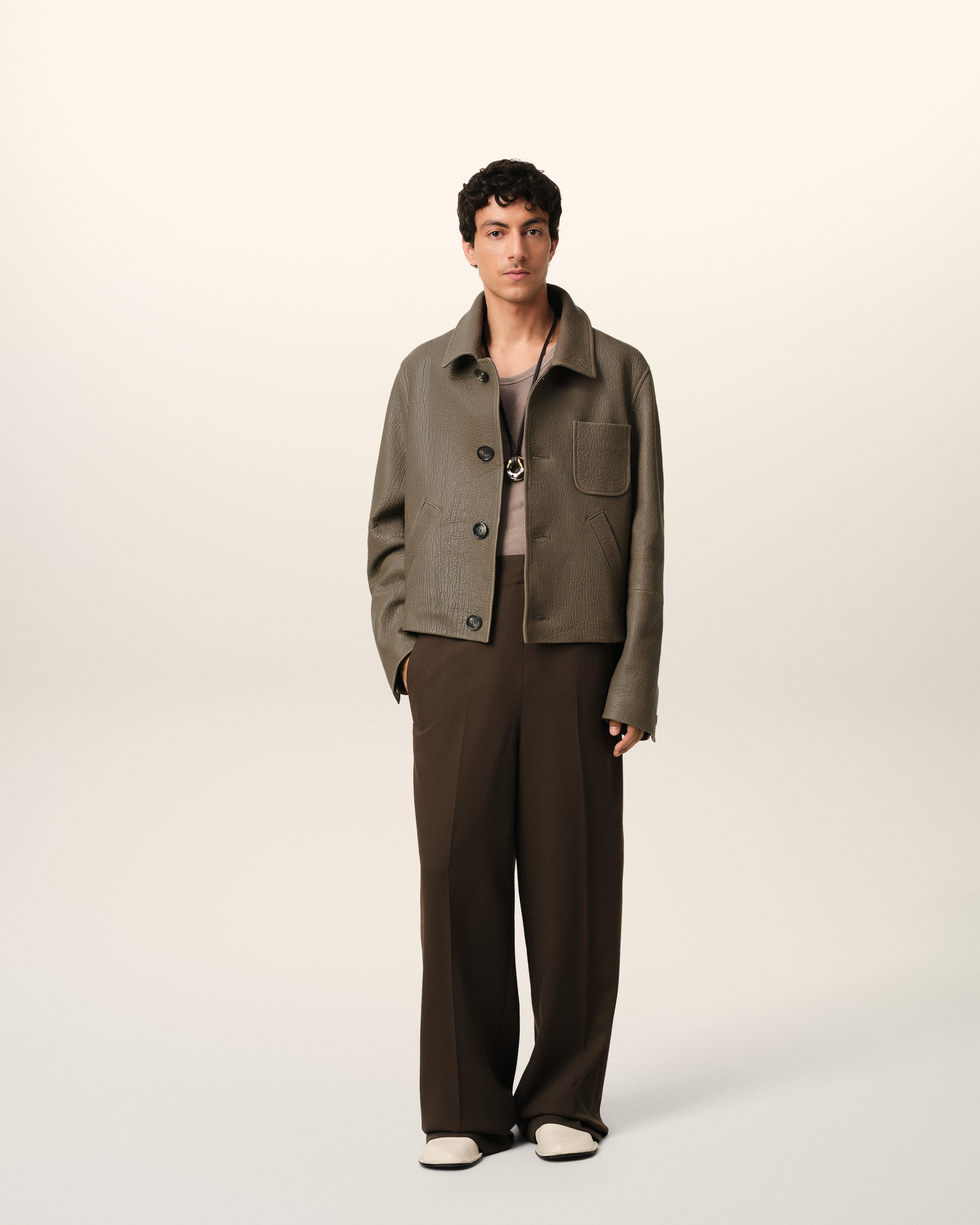 TAUPE LEATHER BUTTONED JACKET - 14