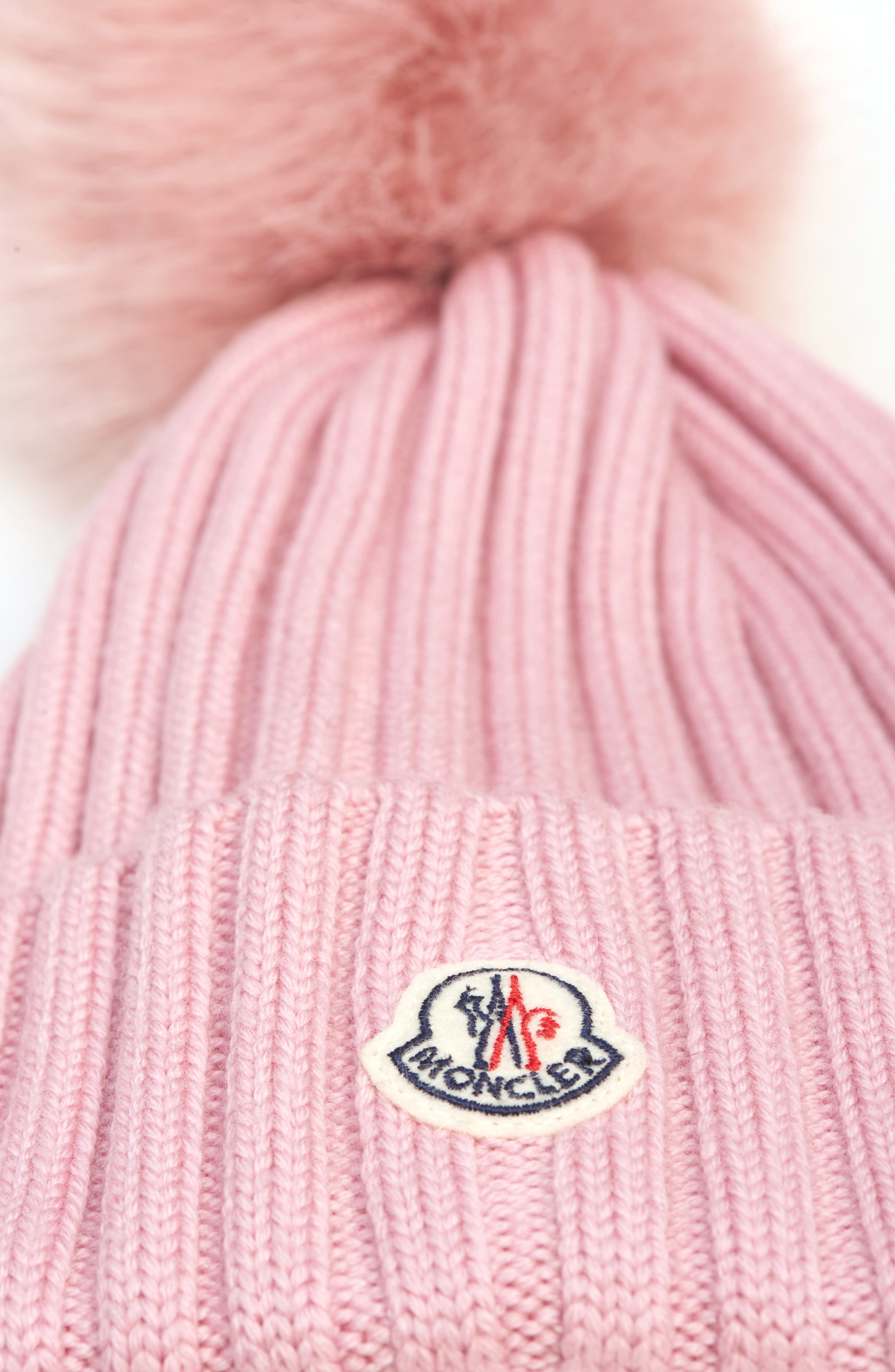 Moncler Virgin Wool Rib Beanie with Faux Fur Pompom in Smooth Rose at Nordstrom - 3