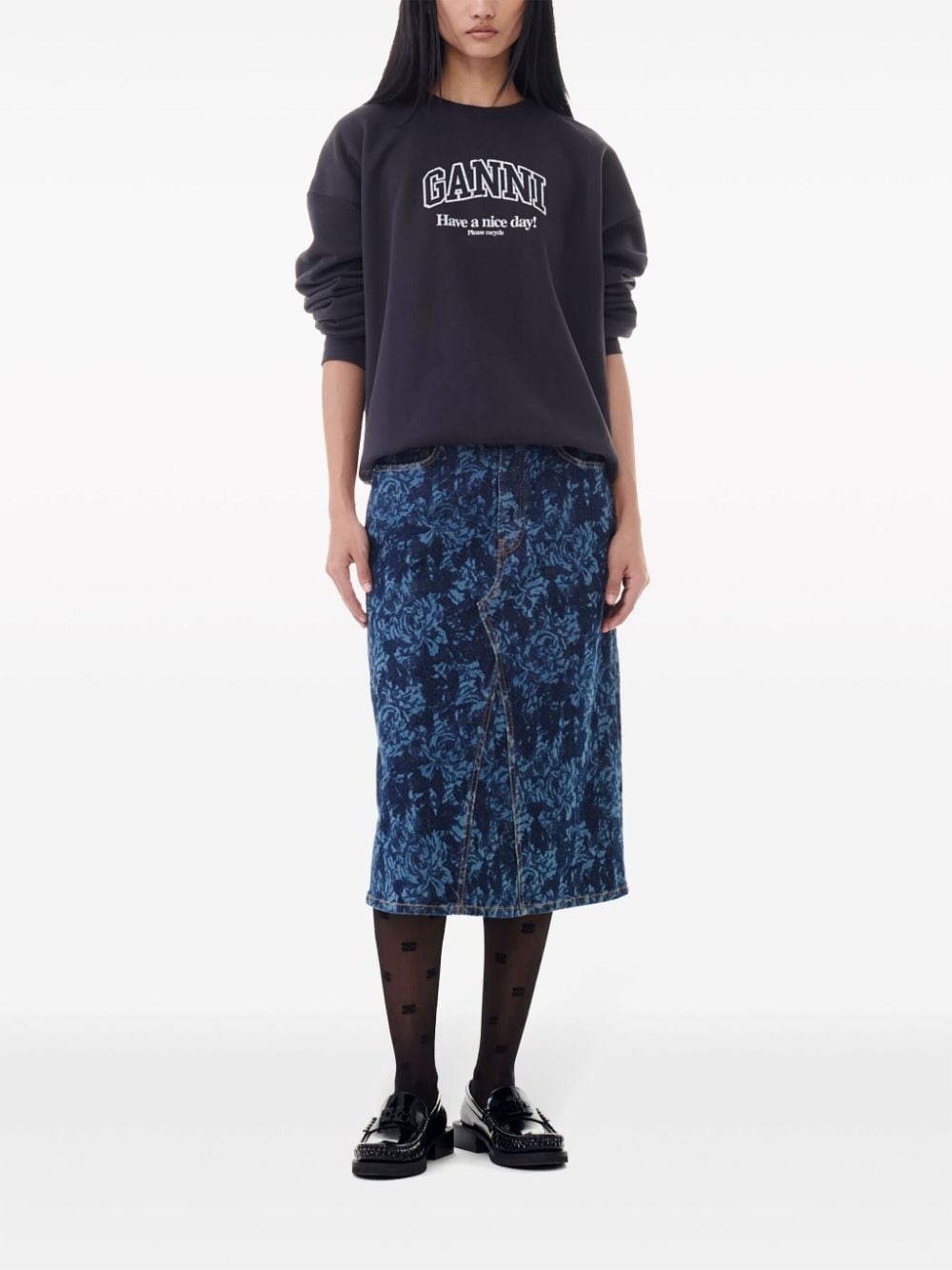 floral-print denim skirt - 2