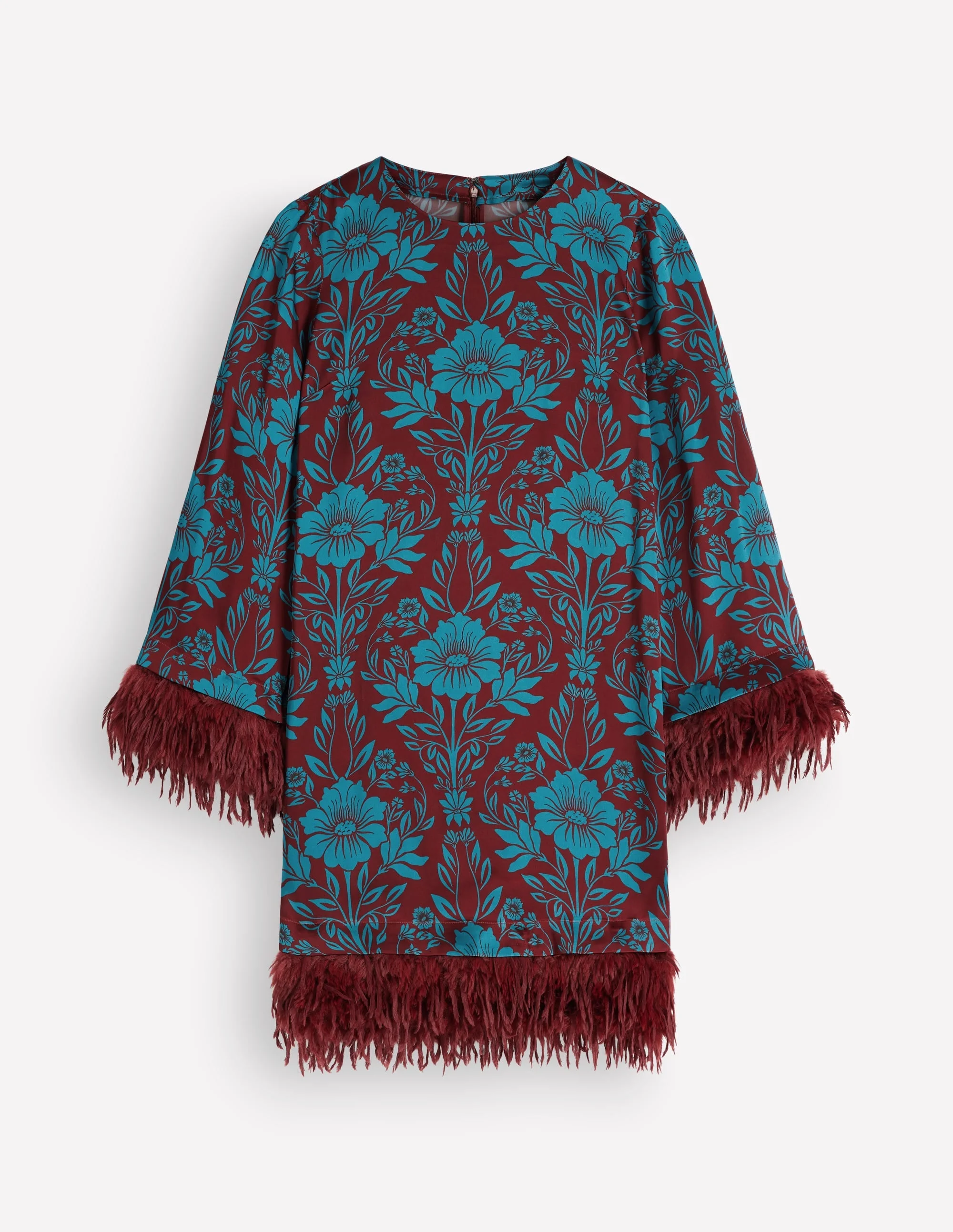 Faux Feather Satin Dress-Crystal Teal Flourishing Sprig - 1