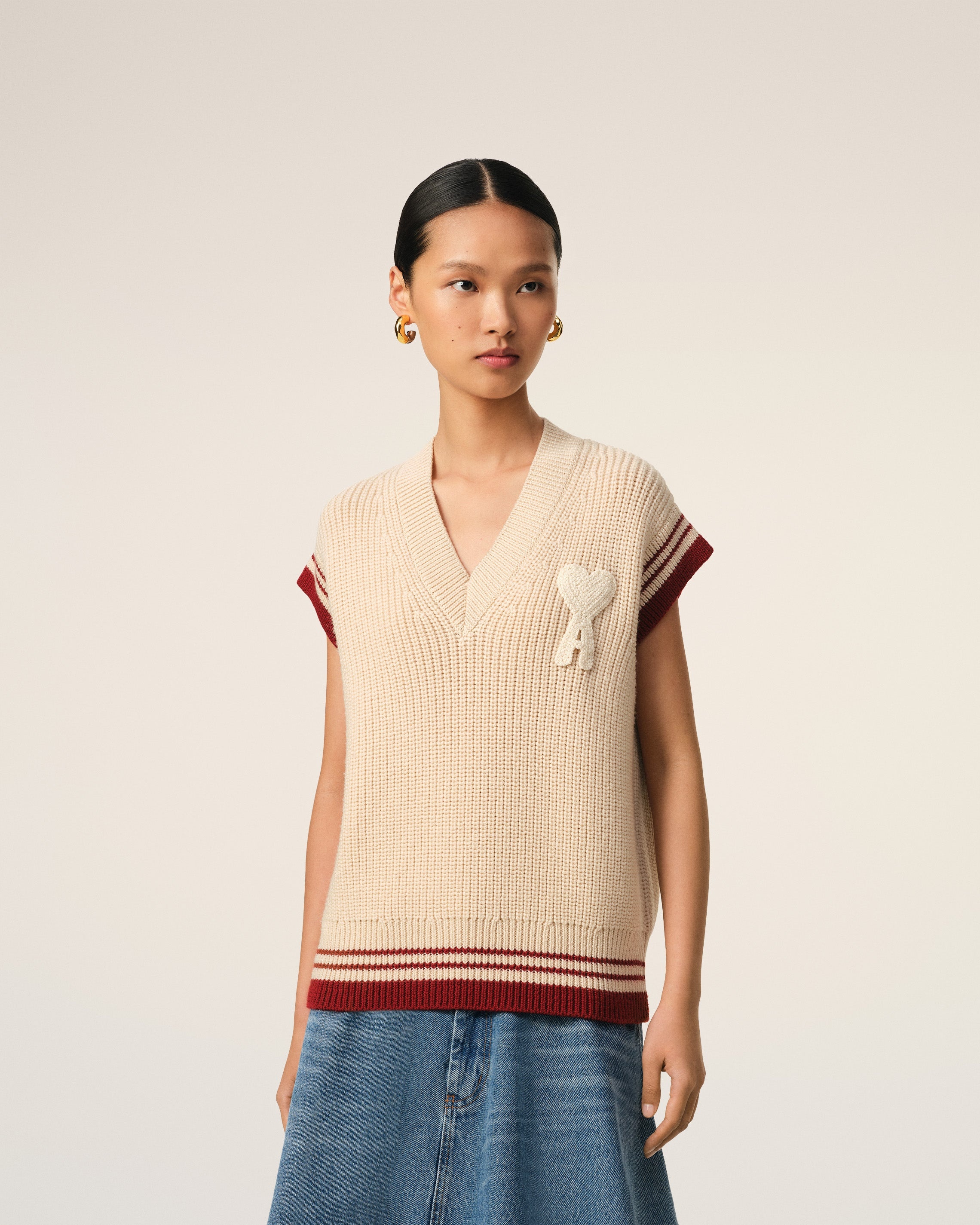 BEIGE WOOL RIBBED SLEEVELESS V NECK SWEATER - 3