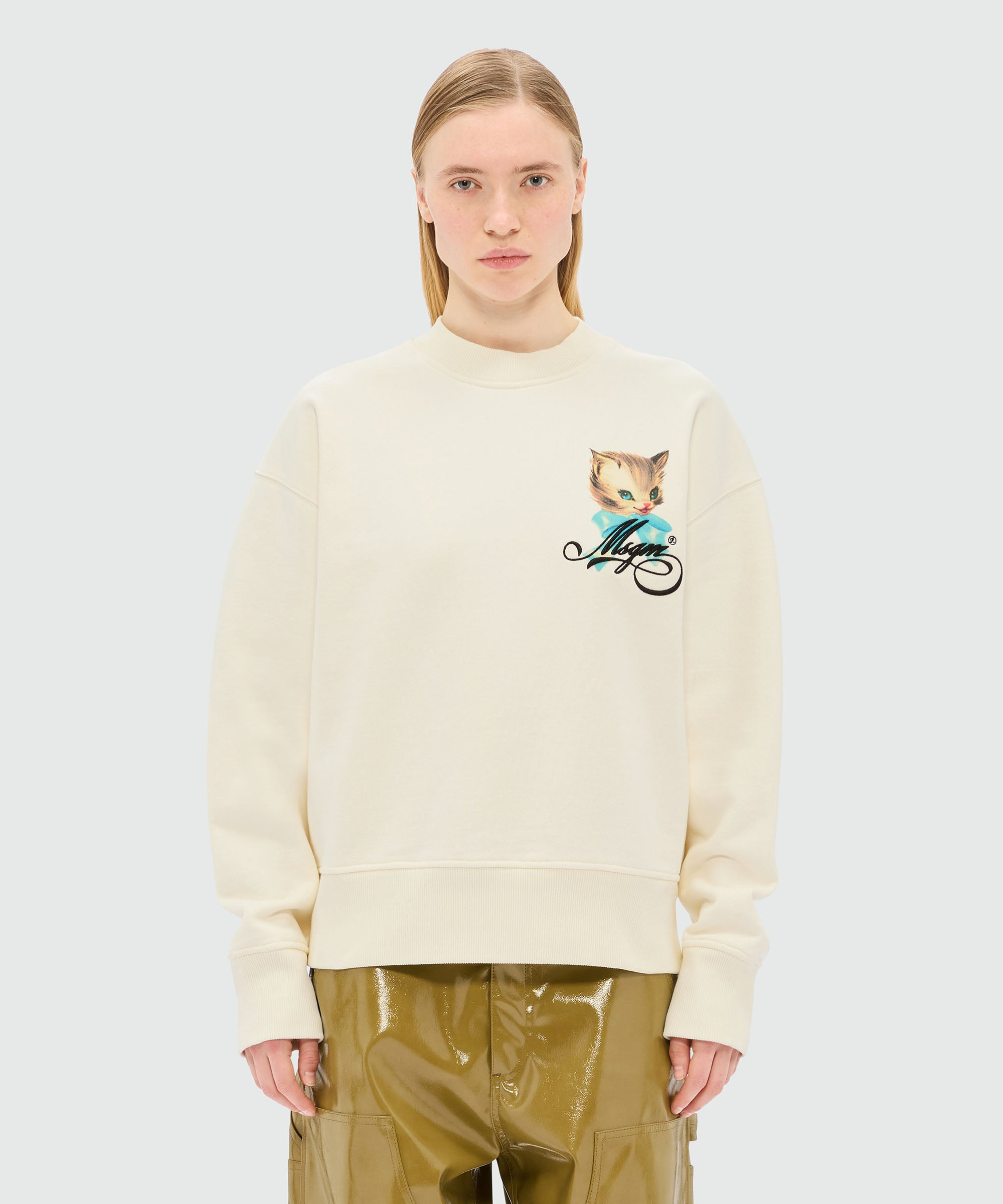 Ivory jersey sweatshirt with "Cute Kitty" graphic and cursive MSGM logo - 2