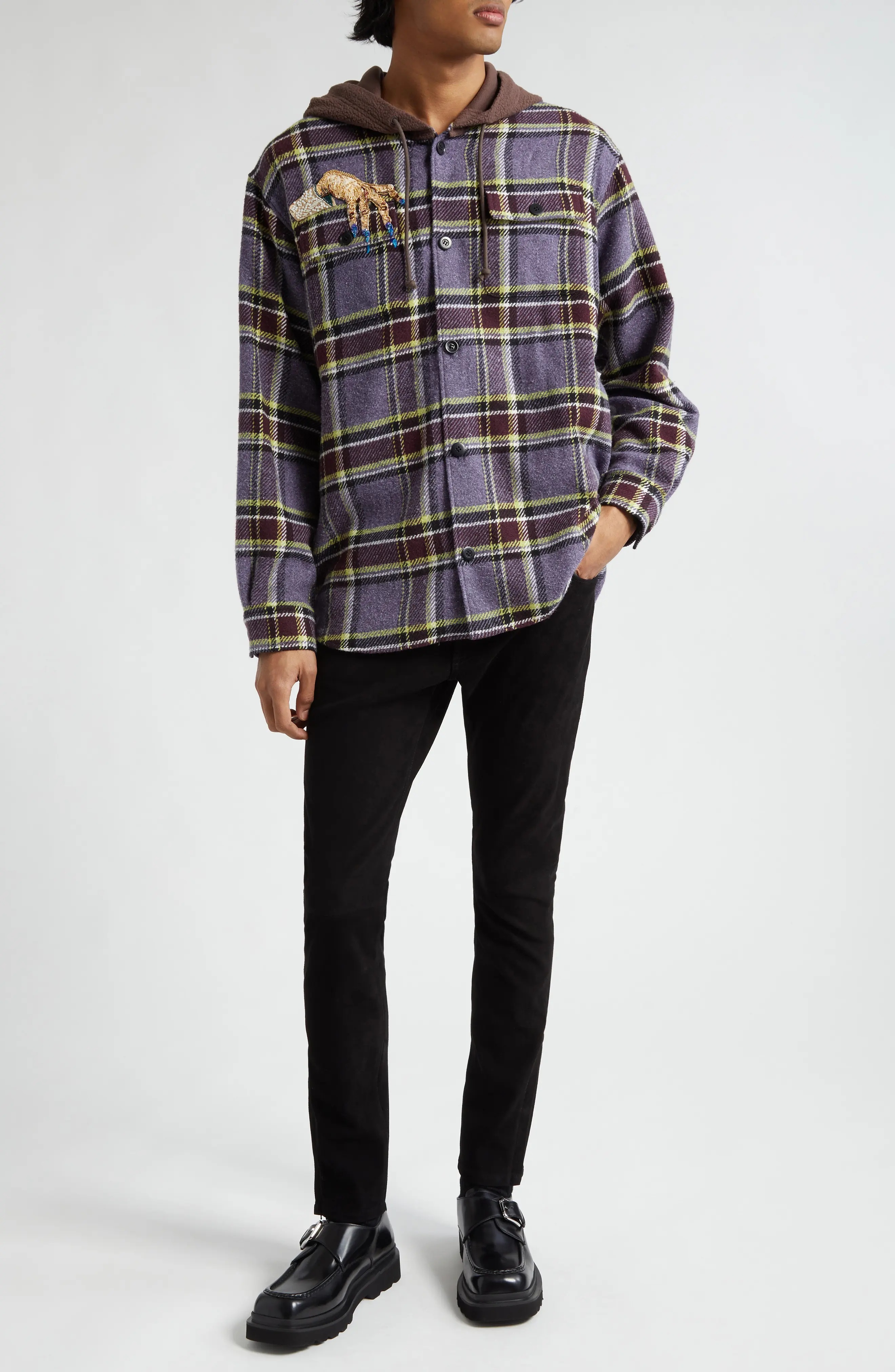 Beaded Hooded Plaid Button-Up Shirt - 2