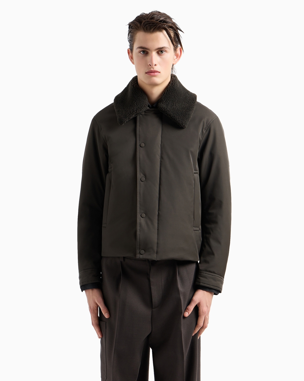 Nylon twill jacket with shearling-effect collar - 2