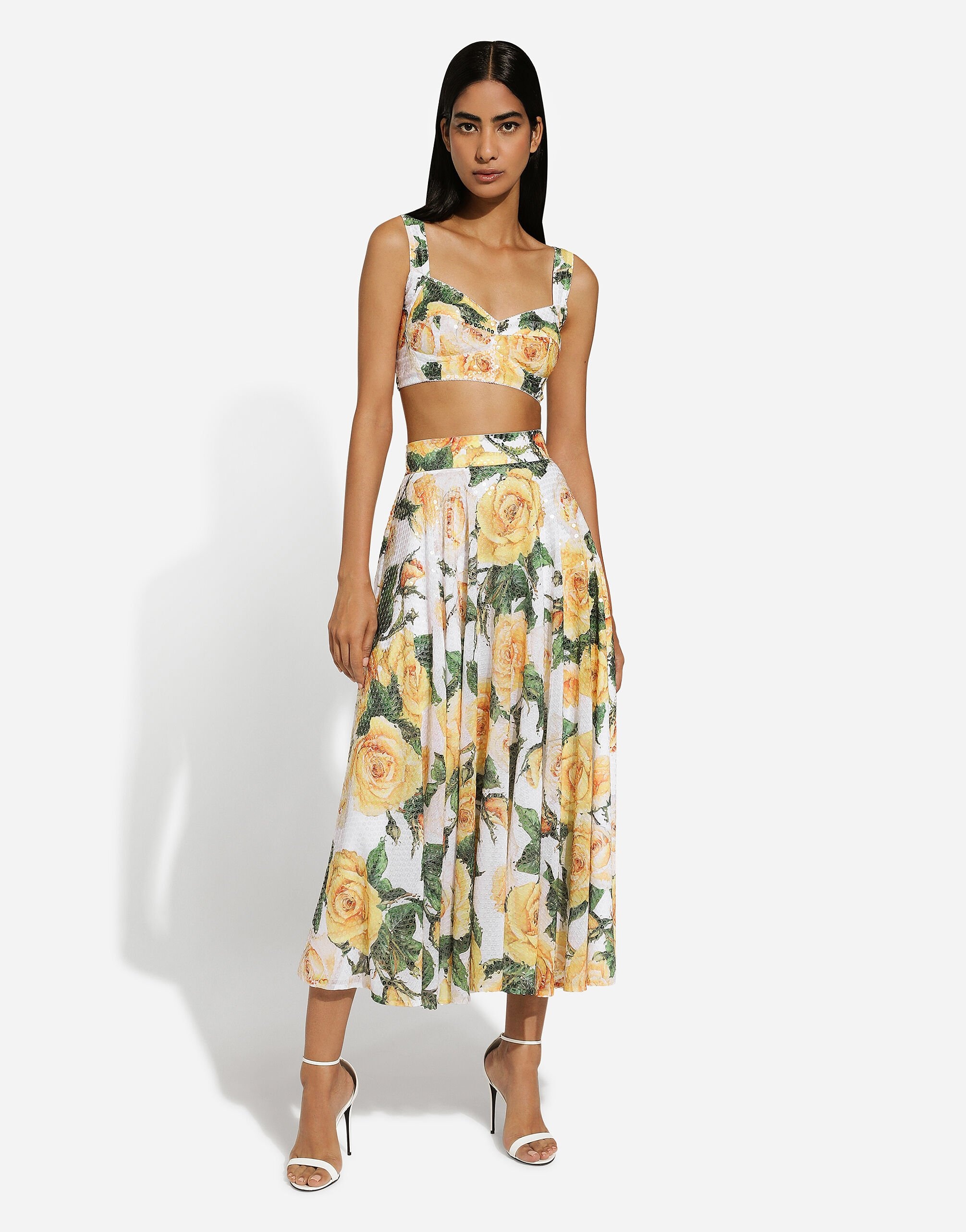 Sequined midi circle skirt with yellow rose print - 2