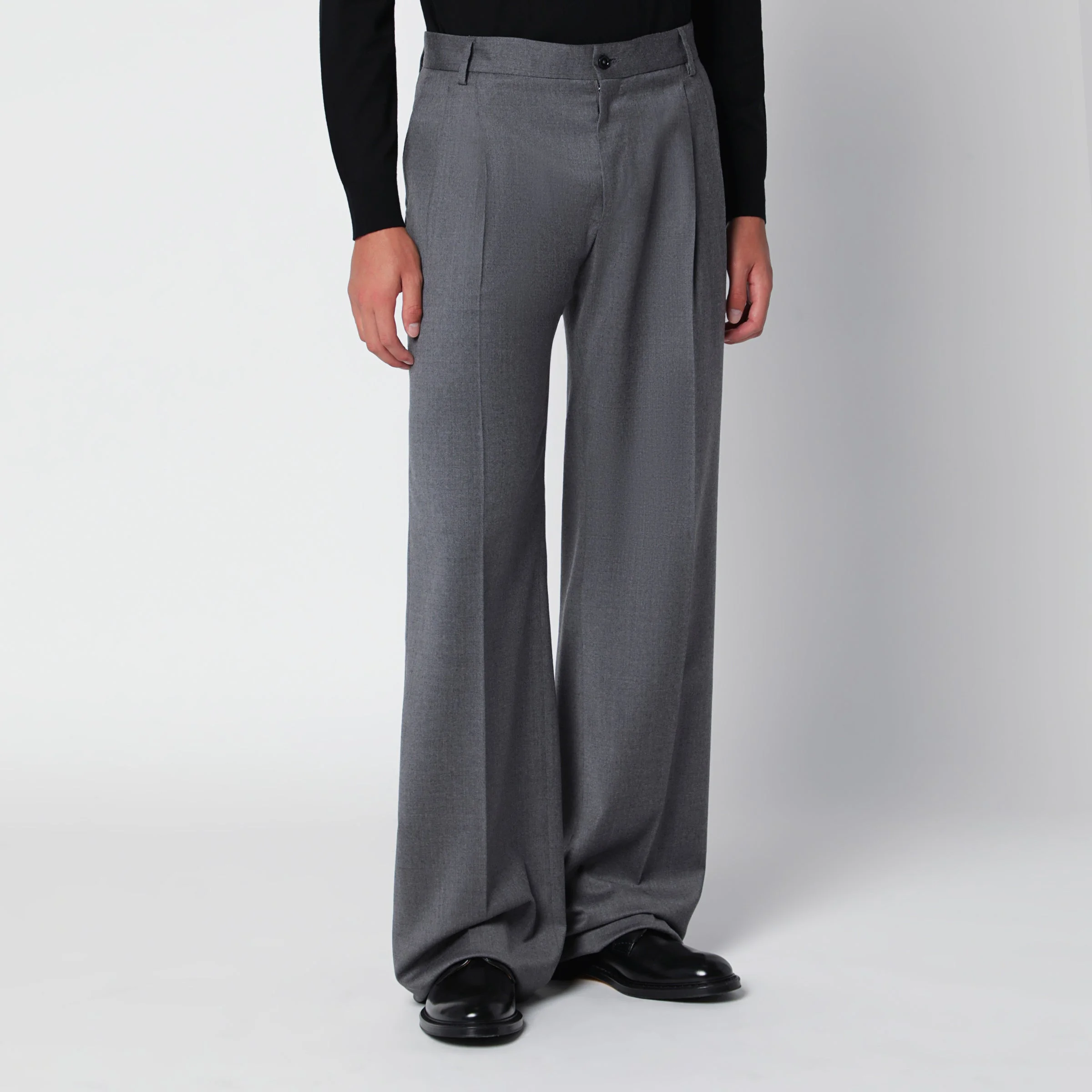 Grey Mélange Flannel Pleated Trousers - 1
