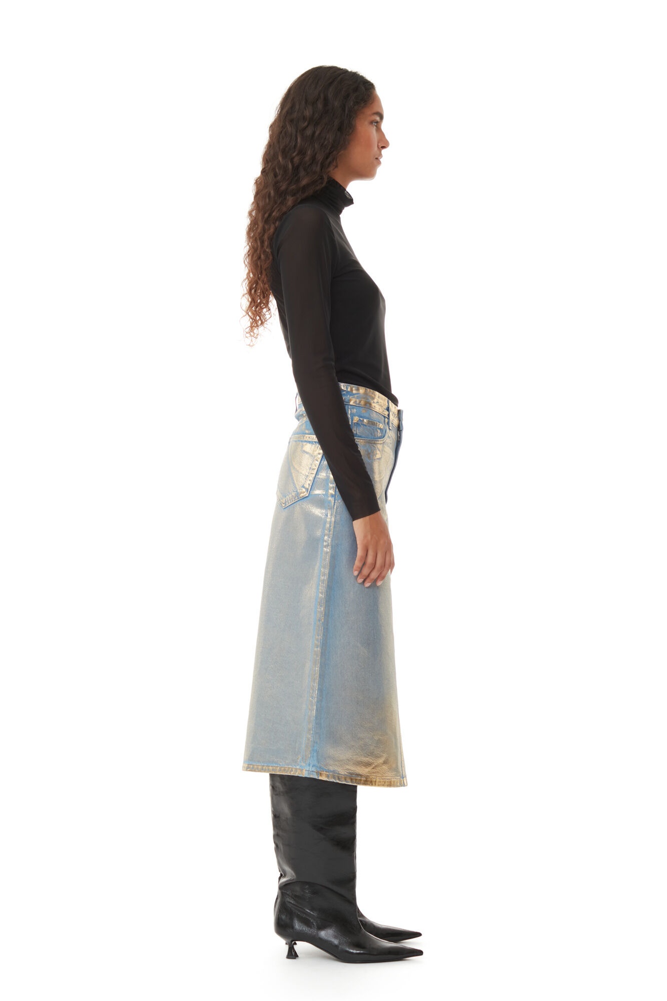 GOLD DENIM MIDI SKIRT - 4