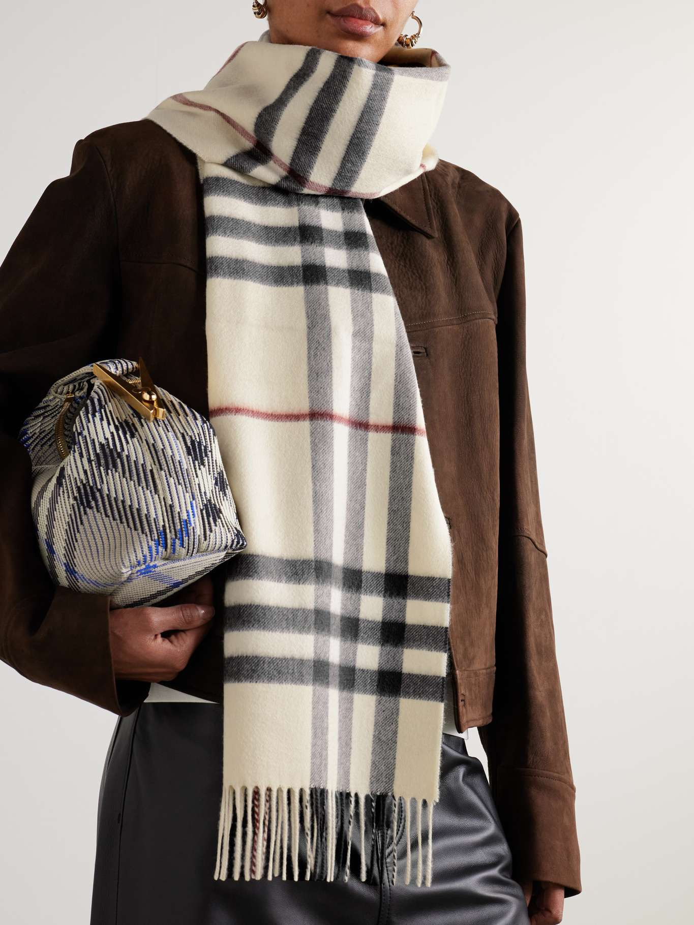 Fringed checked cashmere scarf Beige - 2