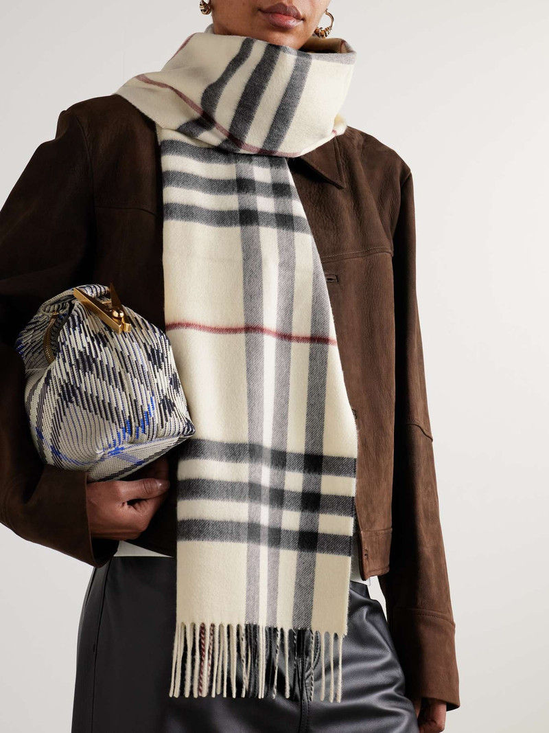 Burberry Fringed checked cashmere scarf Beige outlook