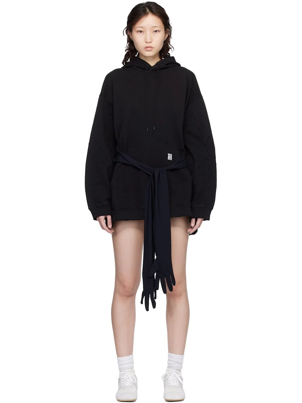 Black Hooded Glove Sweatshirt Minidress - 1