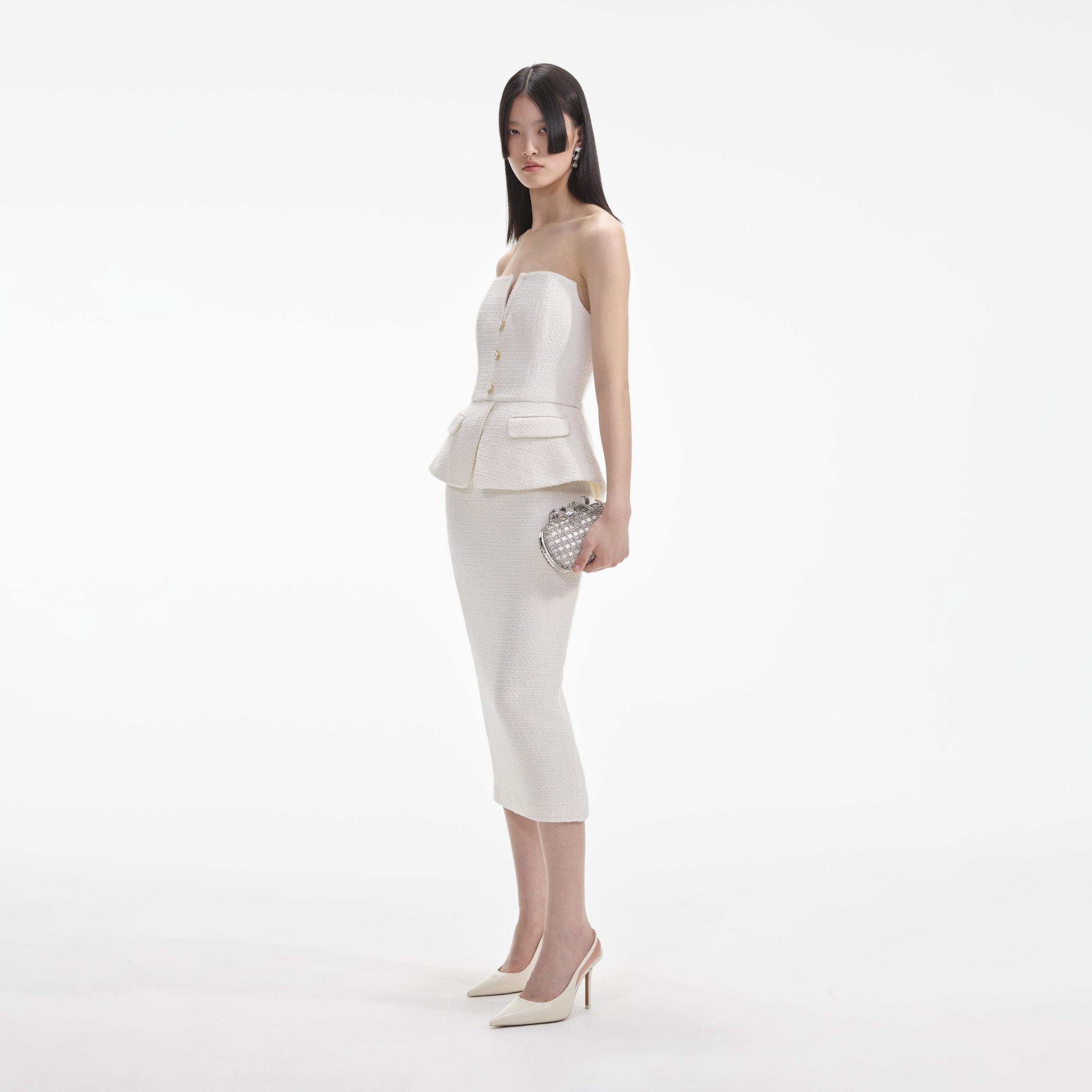 self-portrait Cream Tinsel Boucle Bandeau Midi Dress - AW24-094M-C |  REVERSIBLE