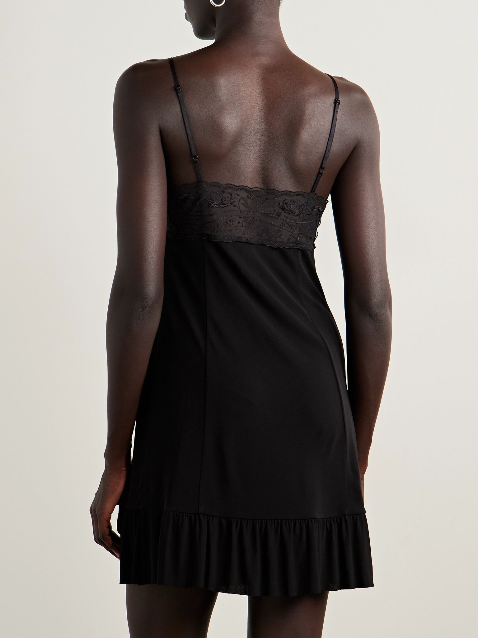 Embroidered tulle-trimmed crepe mini dress Black - 4