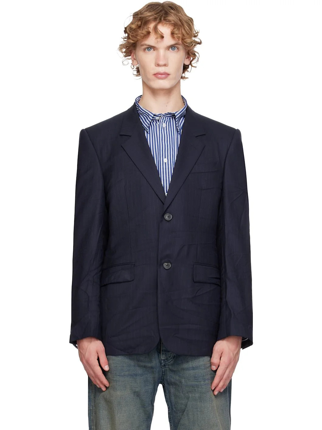 Navy Fine Wool Pinstripe Jacket - 1