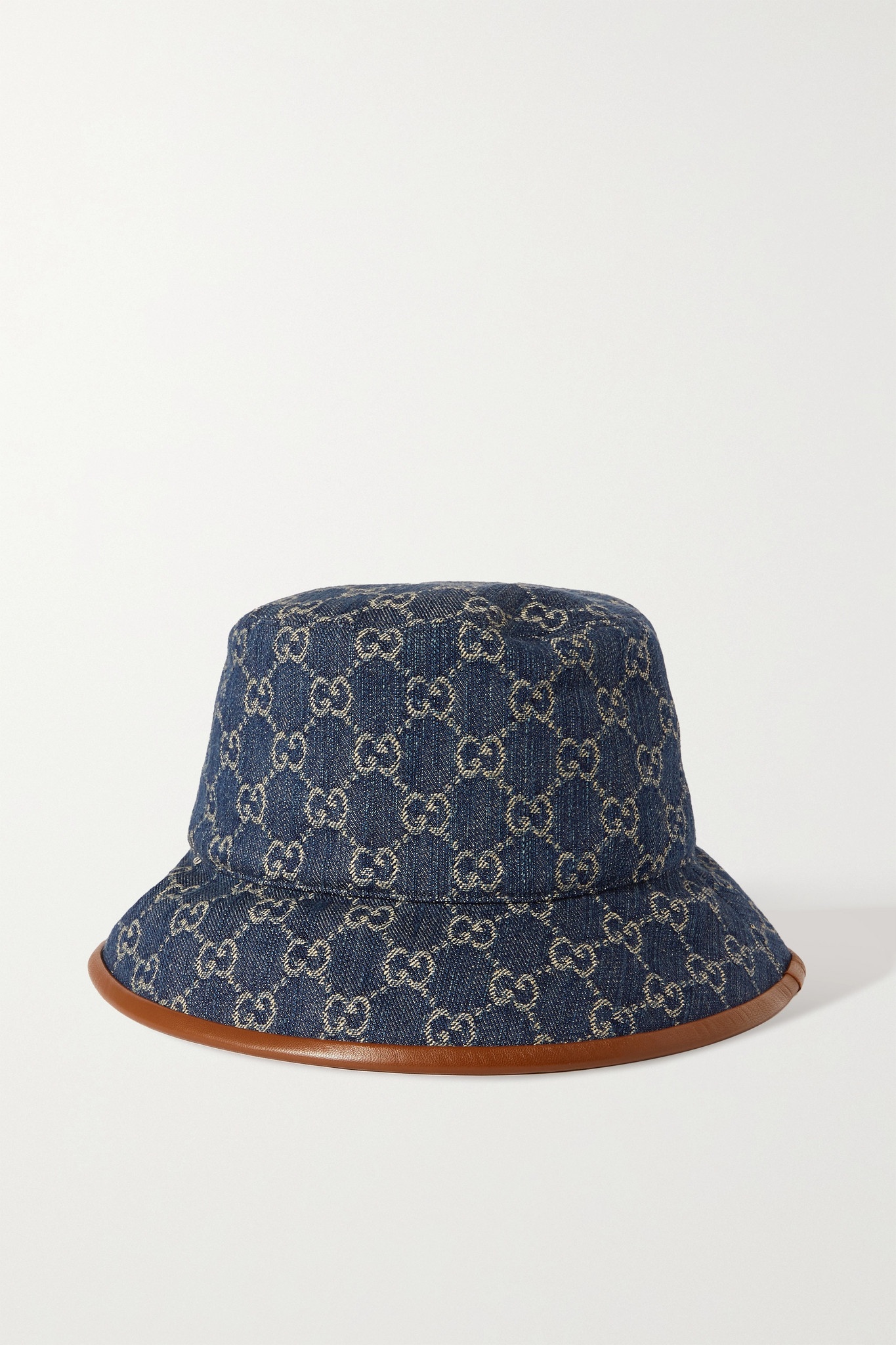 Leather-trimmed denim-jacquard bucket hat - 1