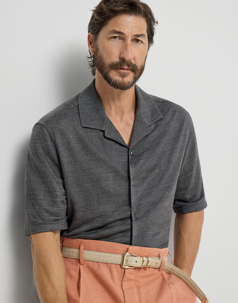 Linen and cotton mélange jersey short sleeve shirt with camp collar 2