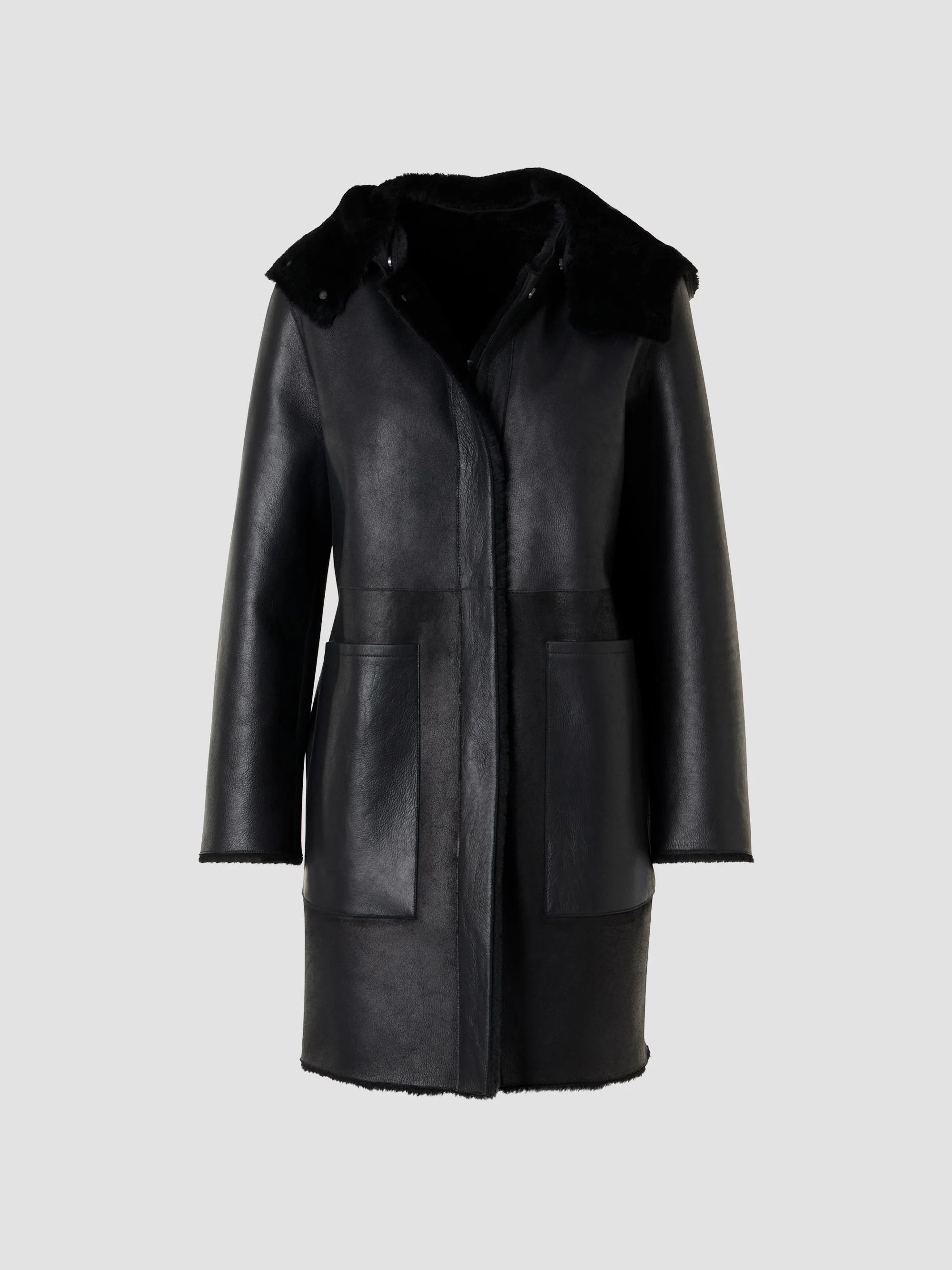 Women's Oxana Leather & Shearling Reversible Hooded Coat - Black - 1