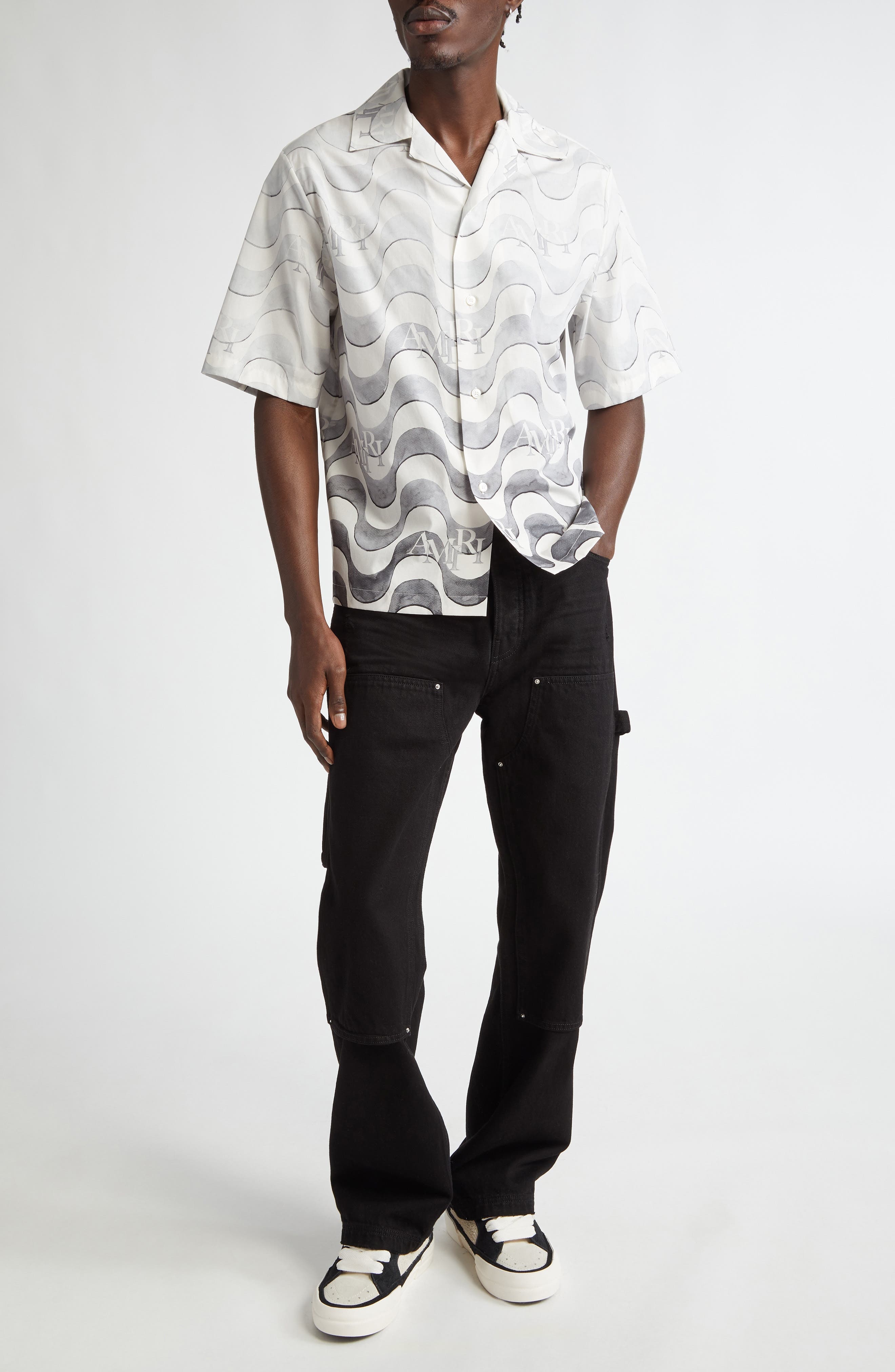AMIRI Staggered Logo Wave Cotton Camp Shirt in Grey at Nordstrom - 2