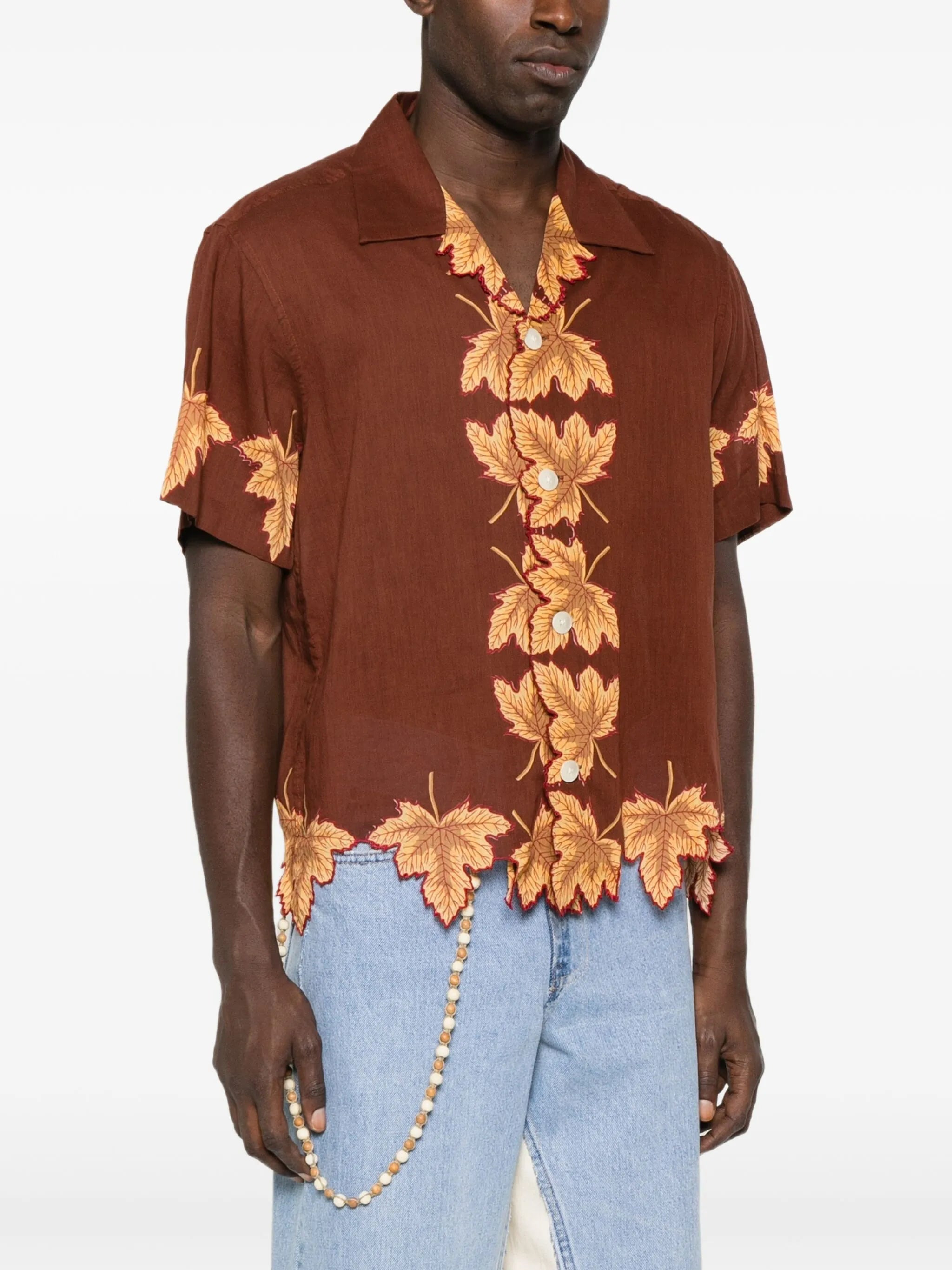 leaf-print scalloped shirt - 3