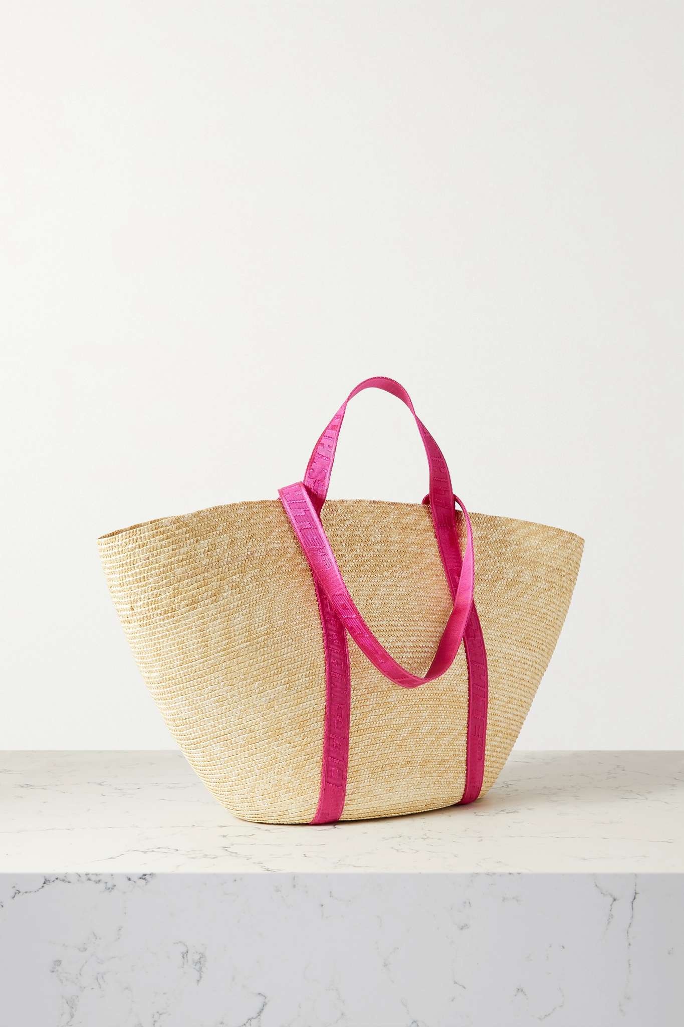 Commercial leather and canvas-jacquard trimmed straw tote - 3
