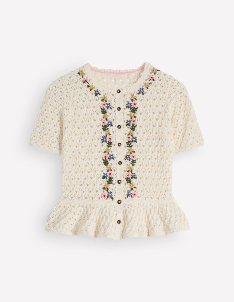 Embroidered Pointelle Cardigan-Ivory Embroidered - 1