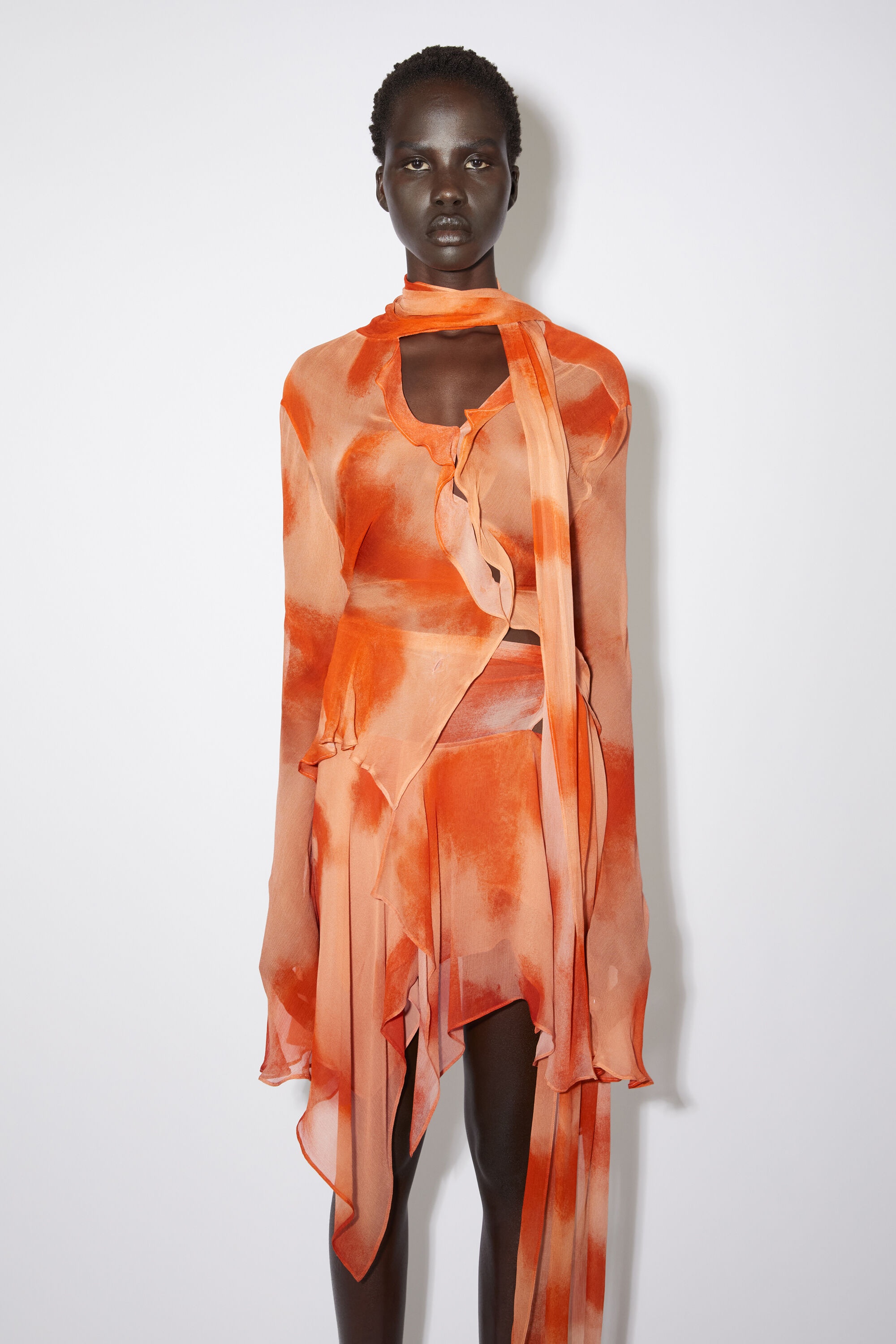 Crepe scarf blouse - Orange - 2