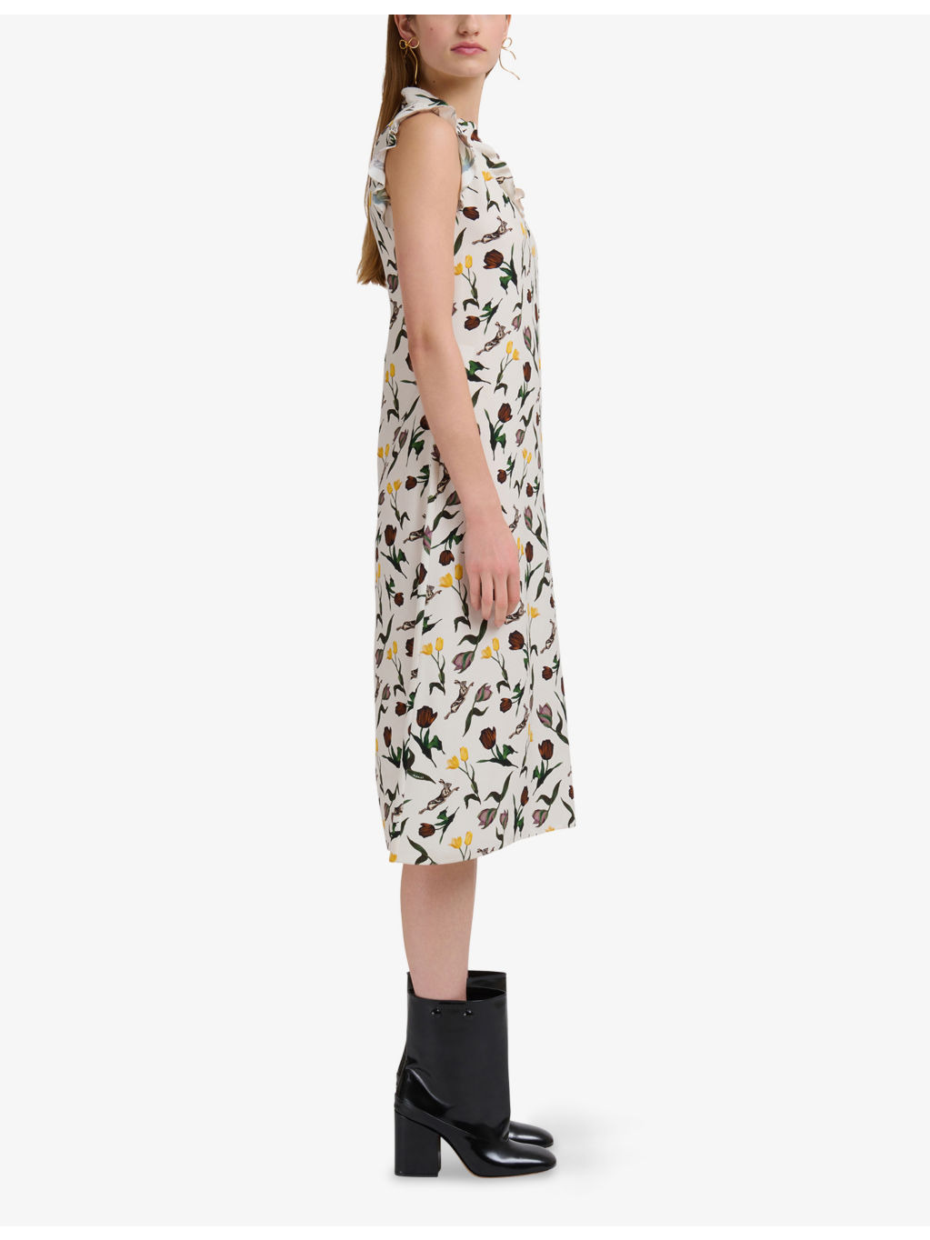 Floral and Hare-Print Ruffled-Trim Satin Midi Dress - 2