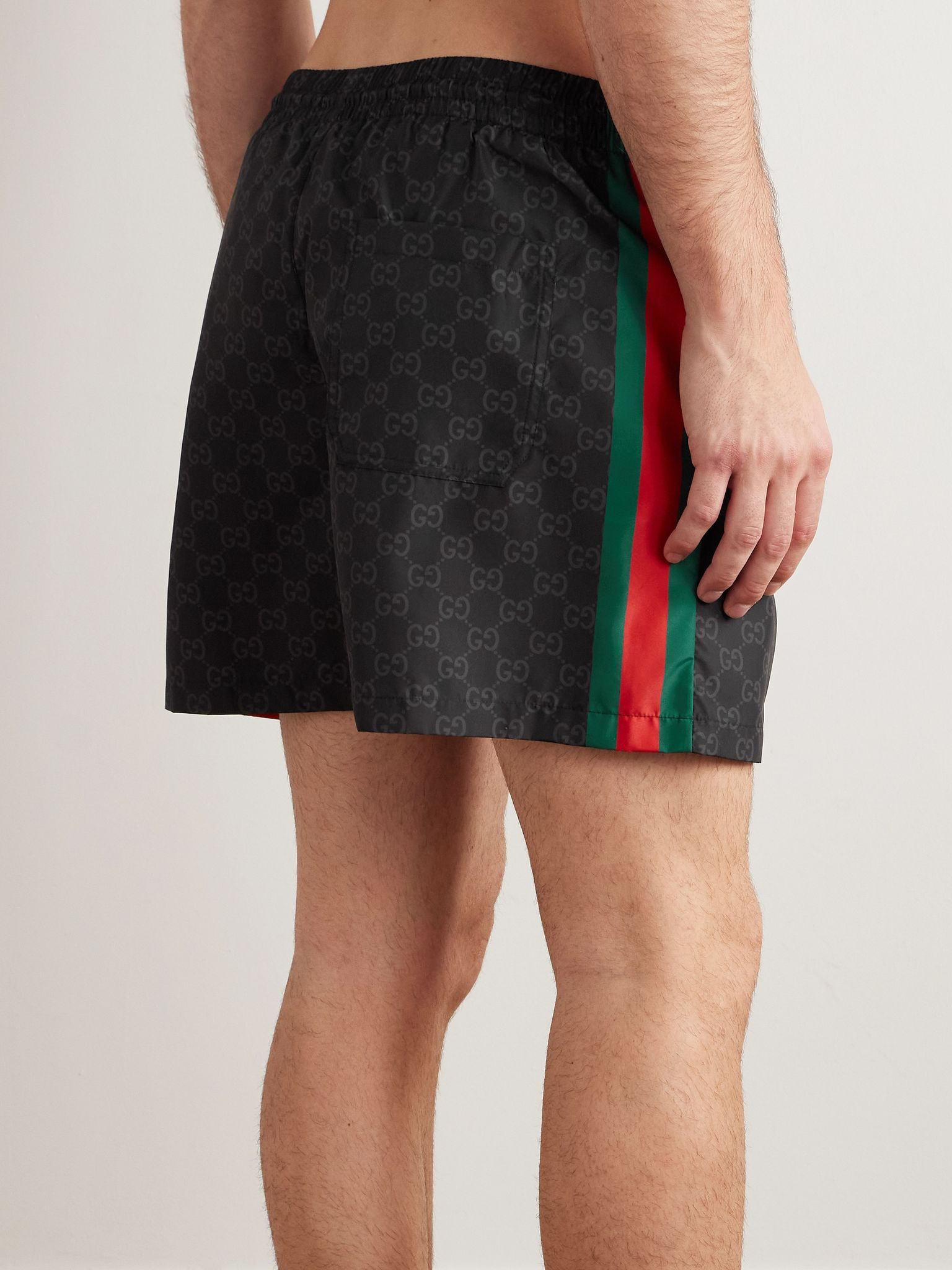 Straight-Leg Mid-Length Logo-Print Striped Swim Shorts Black - 3