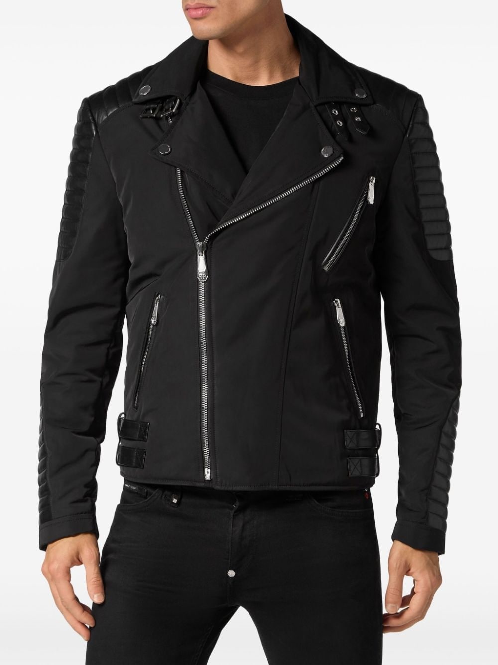 padded-detail leather biker jacket - 3