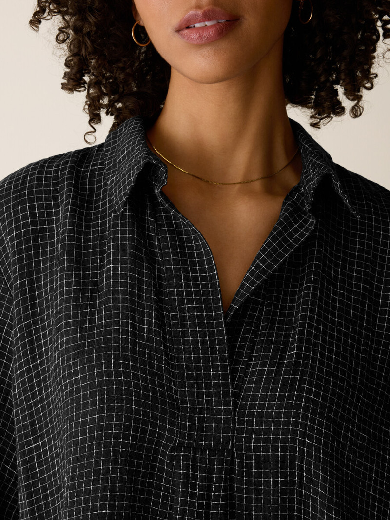 Puckered Organic Linen Grid Classic Collar Dress 5