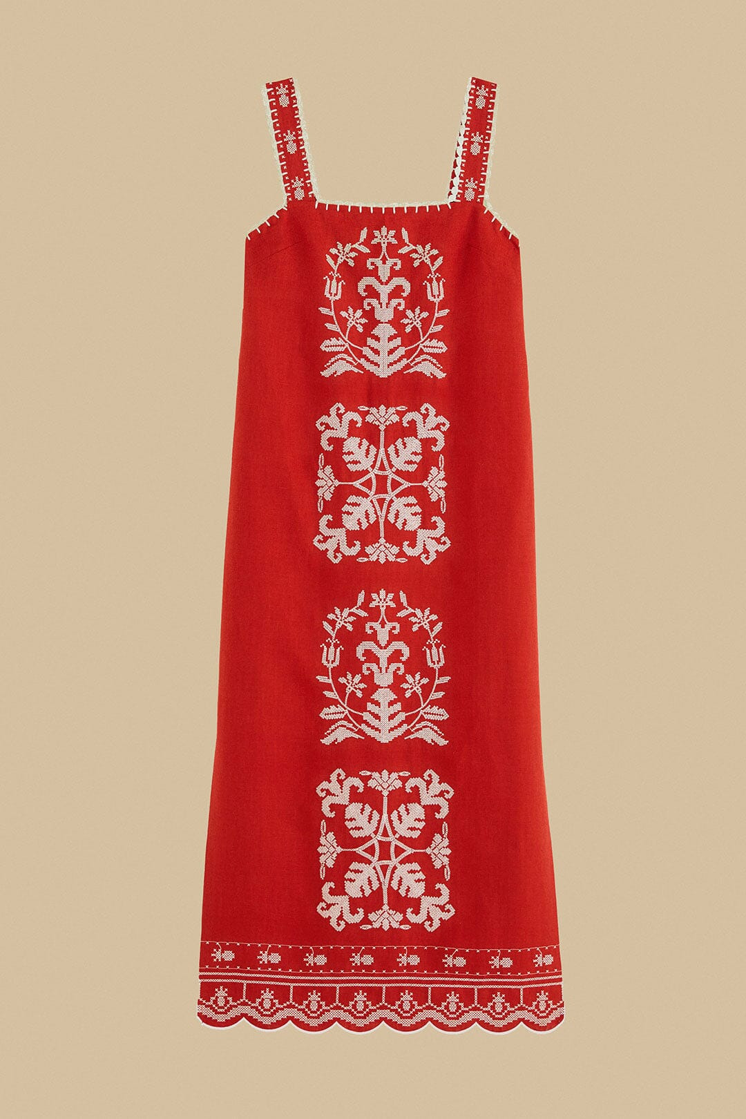 Red Tropical Cross Stitch Embroidered Euroflax™ Premium Linen Midi Dress - 5