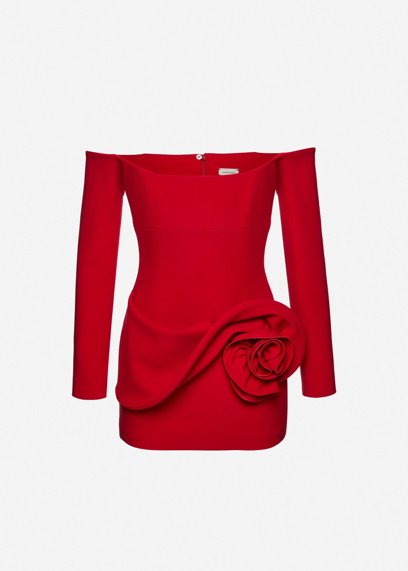 Off shoulder mini dress with floral hip detail in red 1