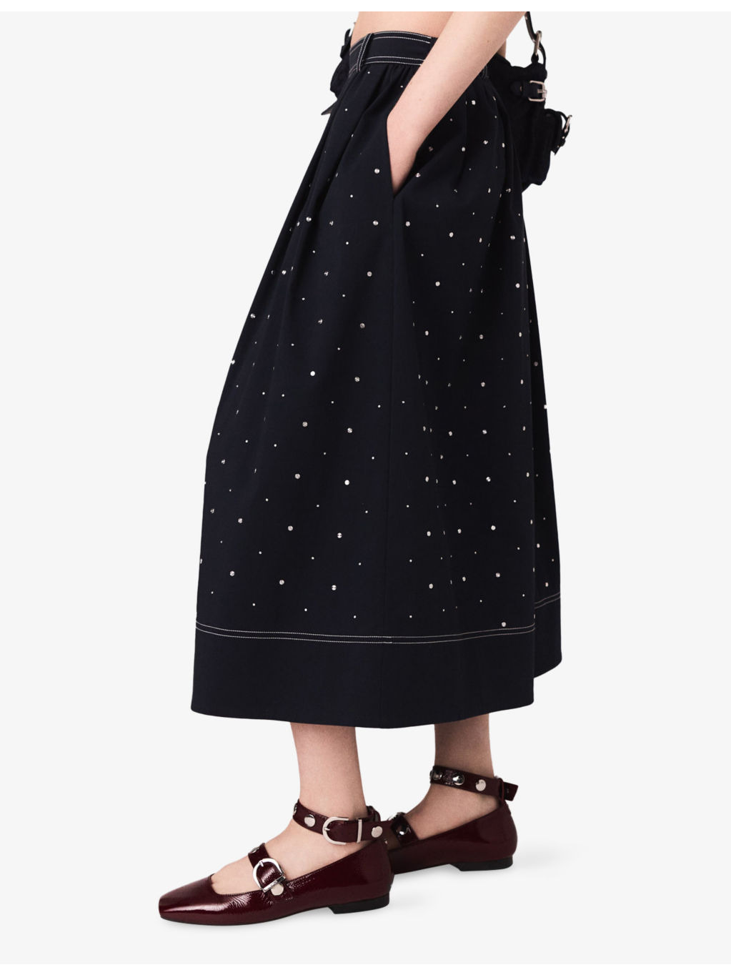 Stud-Embellished Contrast-Stitching Stretch Cotton-Blend Midi Skirt - 3