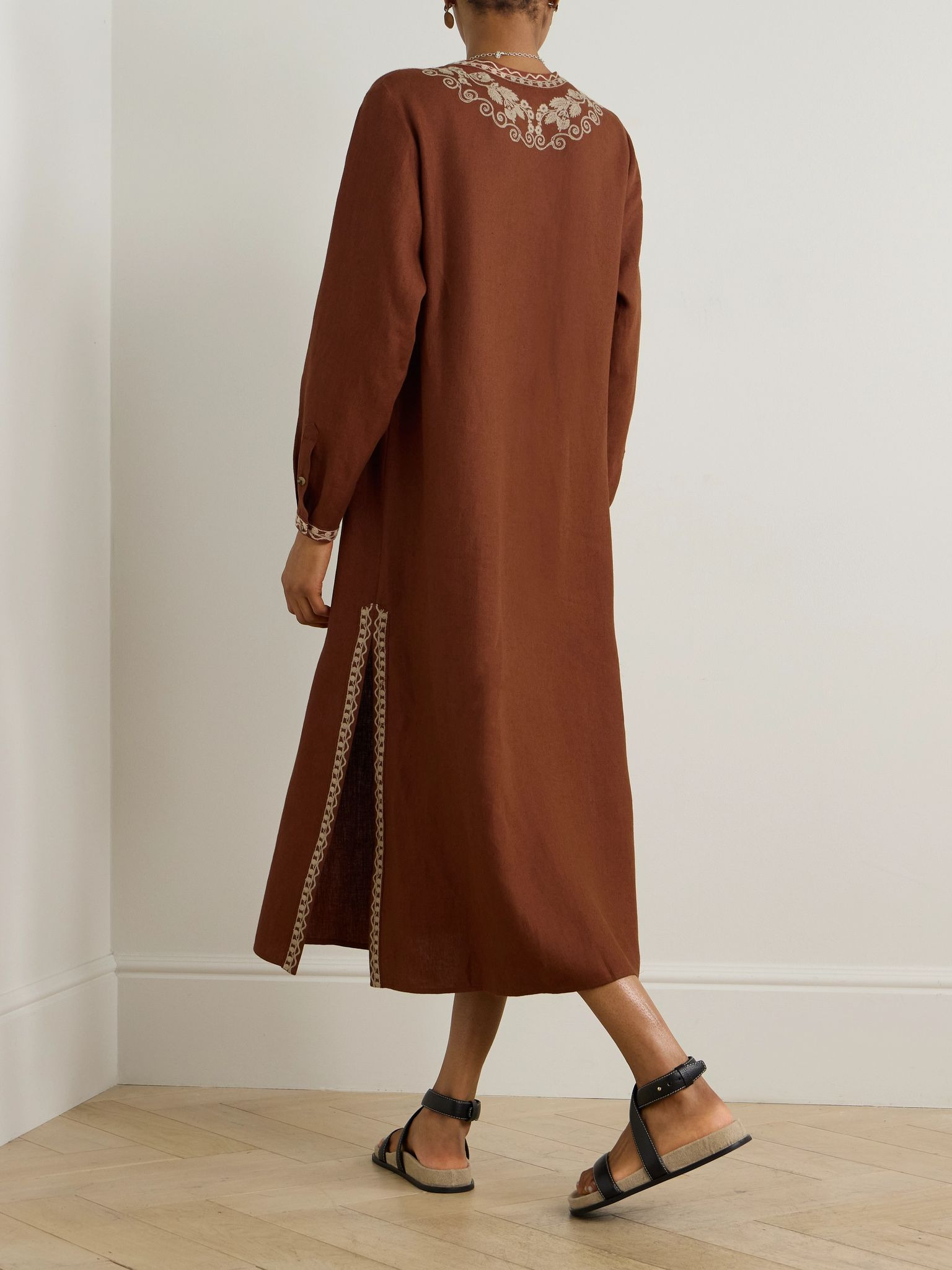 Embroidered linen kaftan Brown - 3