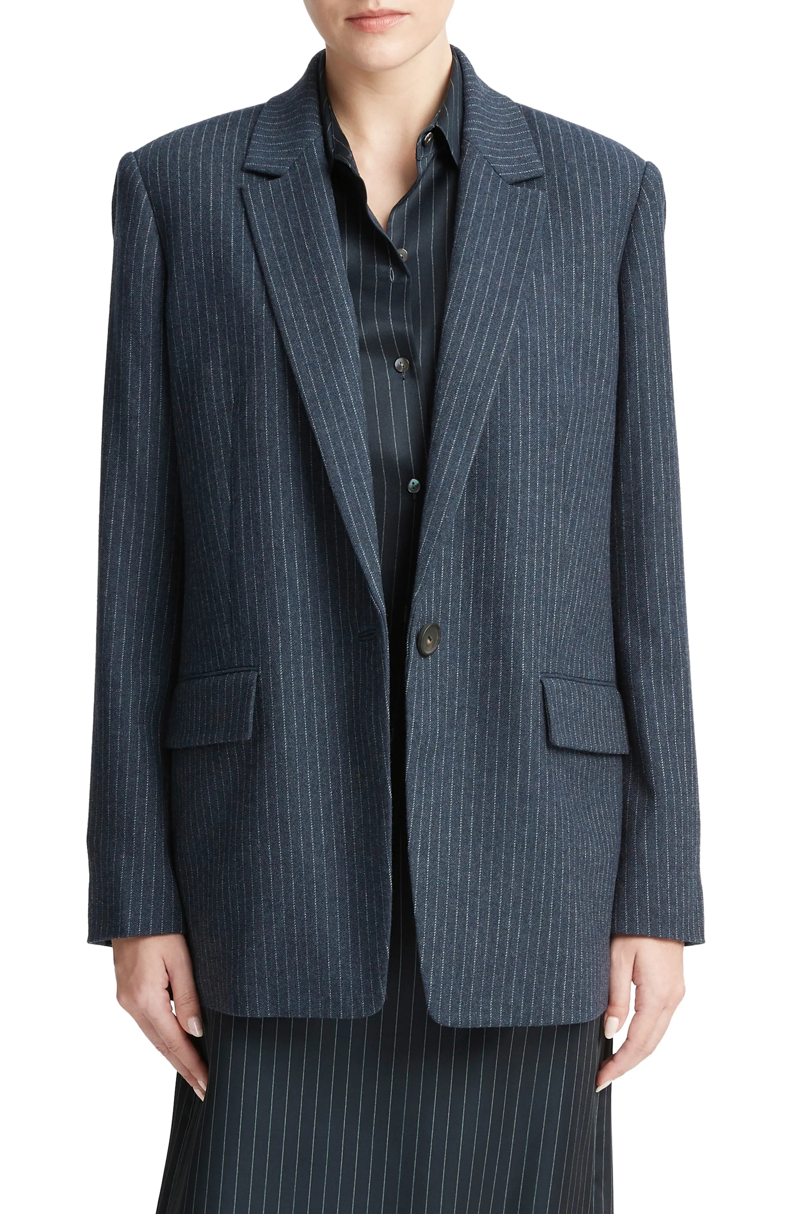 Pinstripe Wool Blend Flannel Blazer in Dark Obsidian/Silver - 1