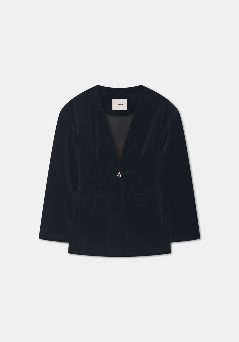 SOMERSET Collarless waisted velvet blazer 1