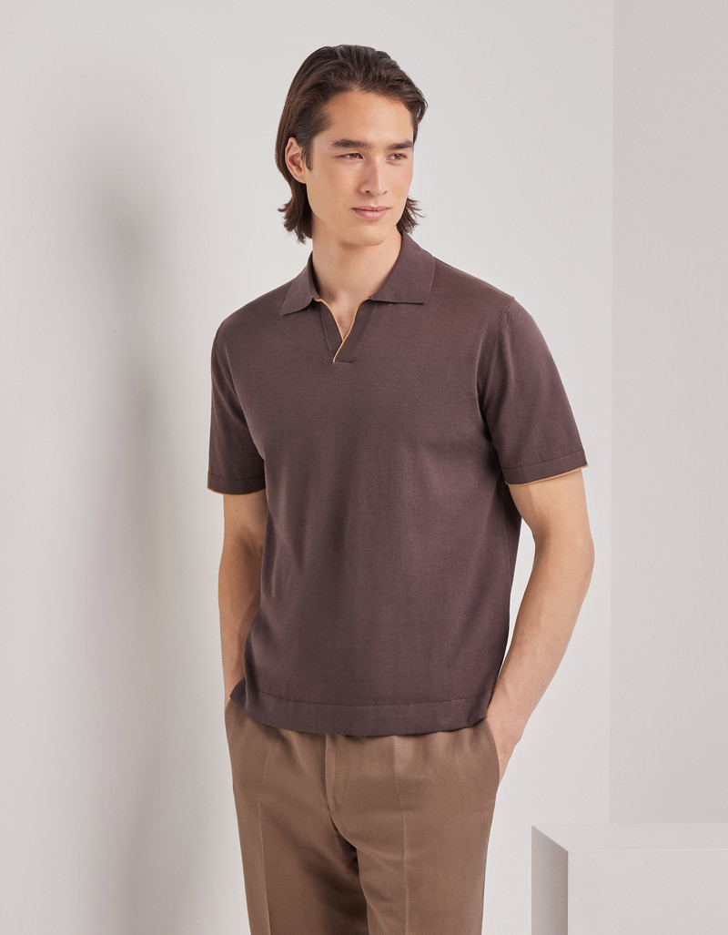 BROWN COTTON AND SILK POLO SHIRT WITH CONTRASTING PIPING 3