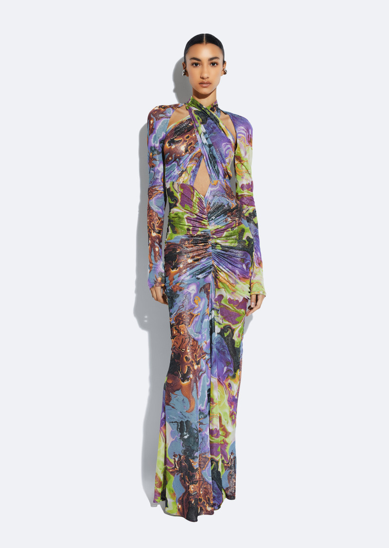 Printed Mesh Halter Ruched Gown - 1