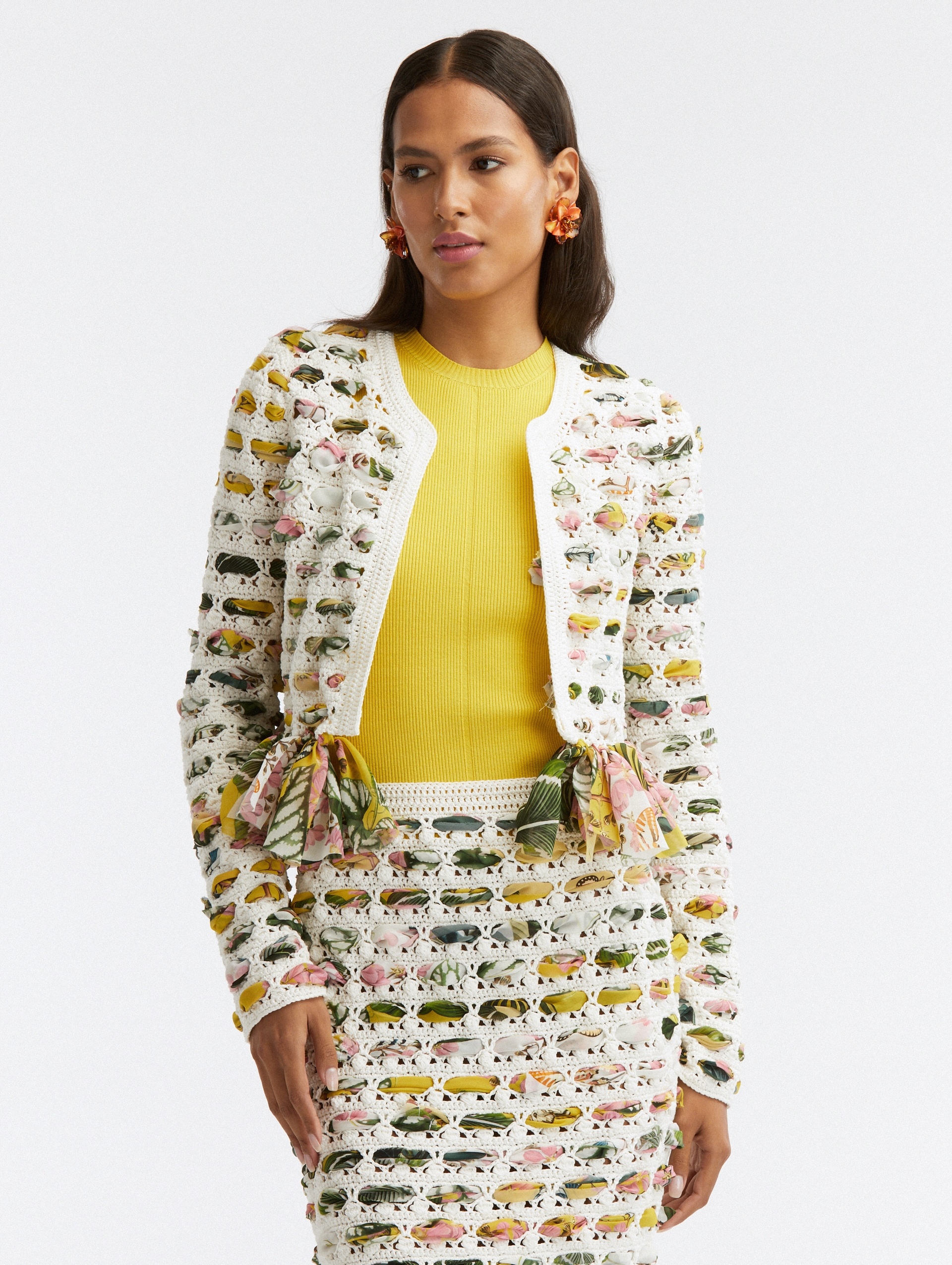 CHIFFON WOVEN CROCHET KNIT JACKET - 1
